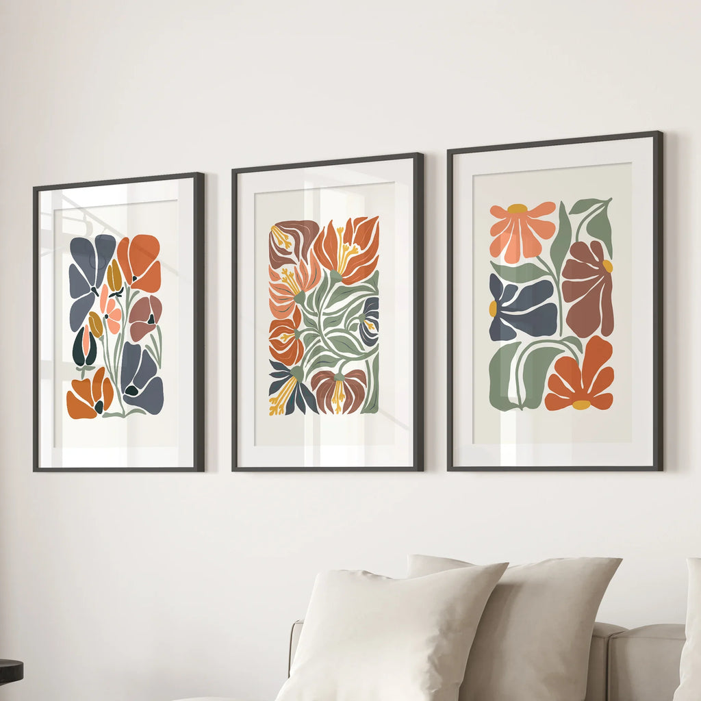 Boho Botanical Set of 3 Wall Art. Abstract Flowers Prints