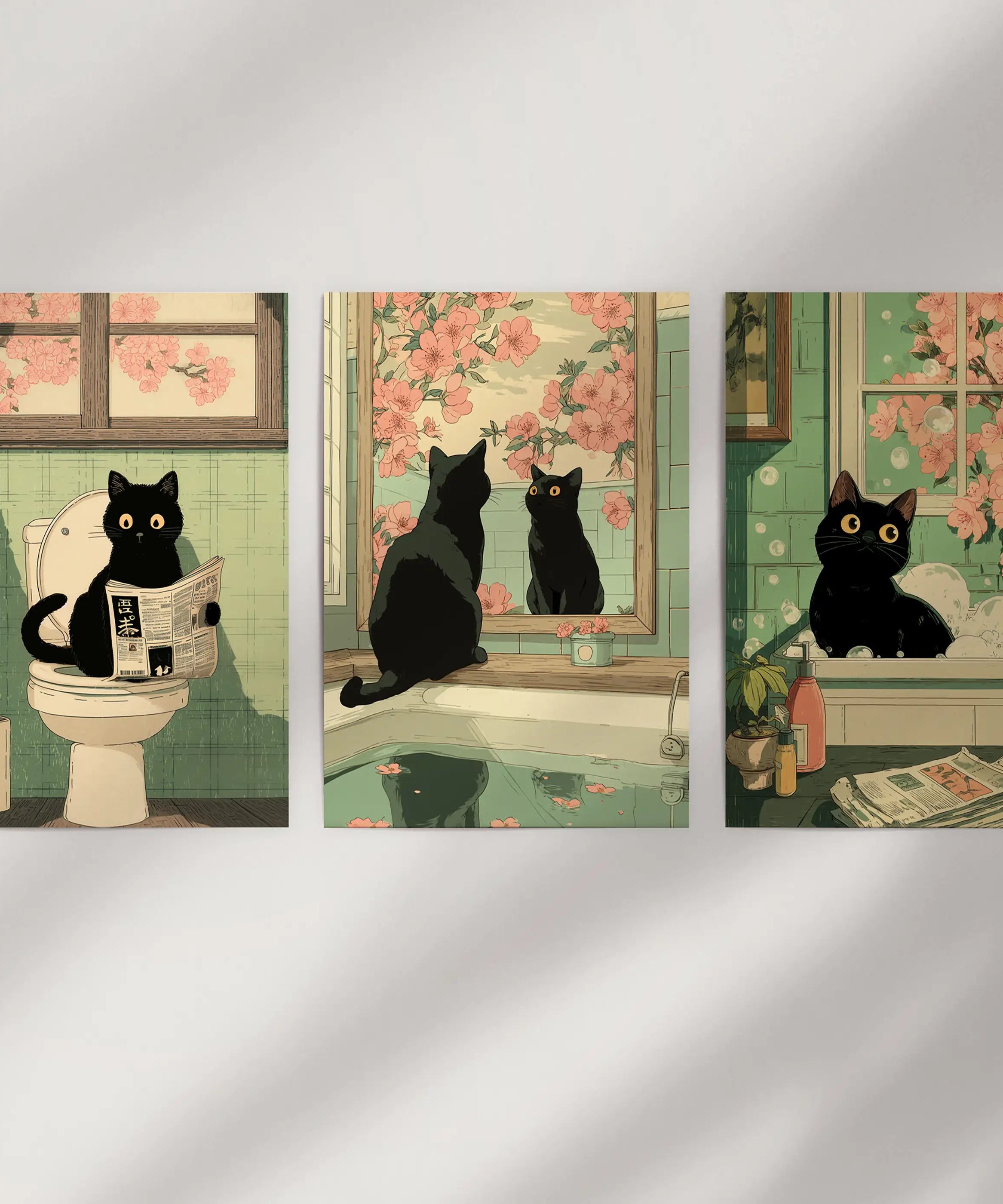 Funny Bathroom Poster. Japan Cat Pooping Wall Art Set of 3
