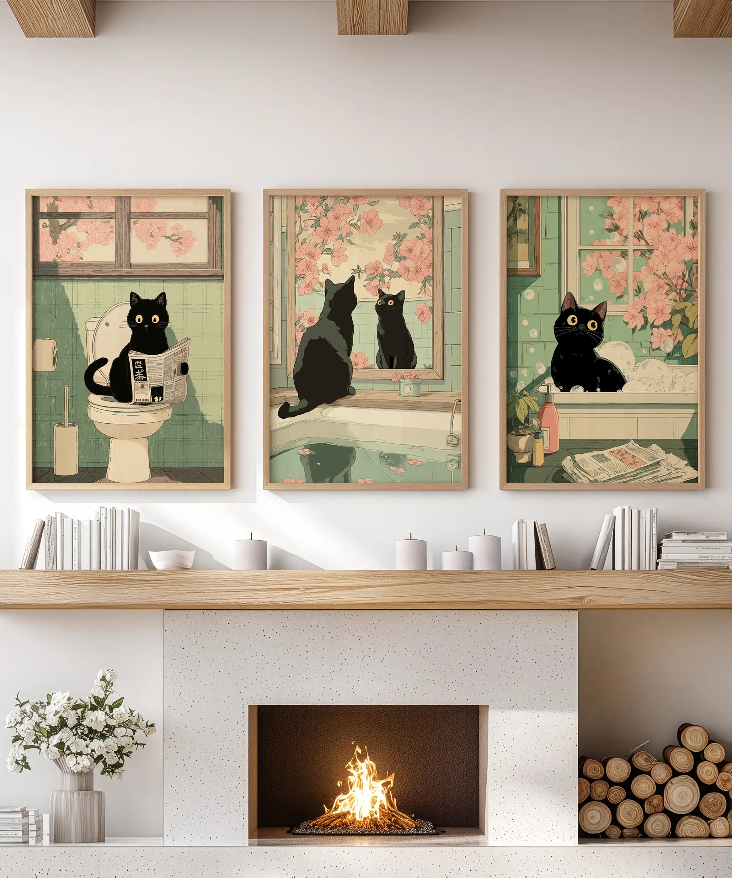 Funny Bathroom Poster. Japan Cat Pooping Wall Art Set of 3