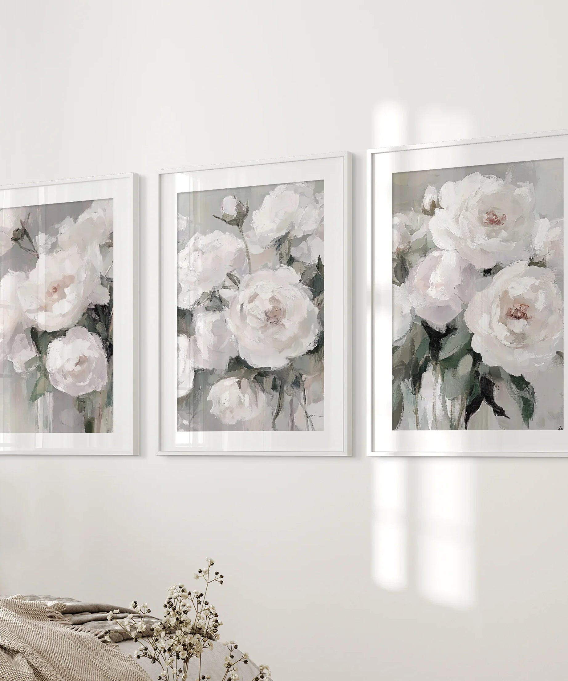 Romantic White Flower 3 Piece Wall Art. Peony Painting Print