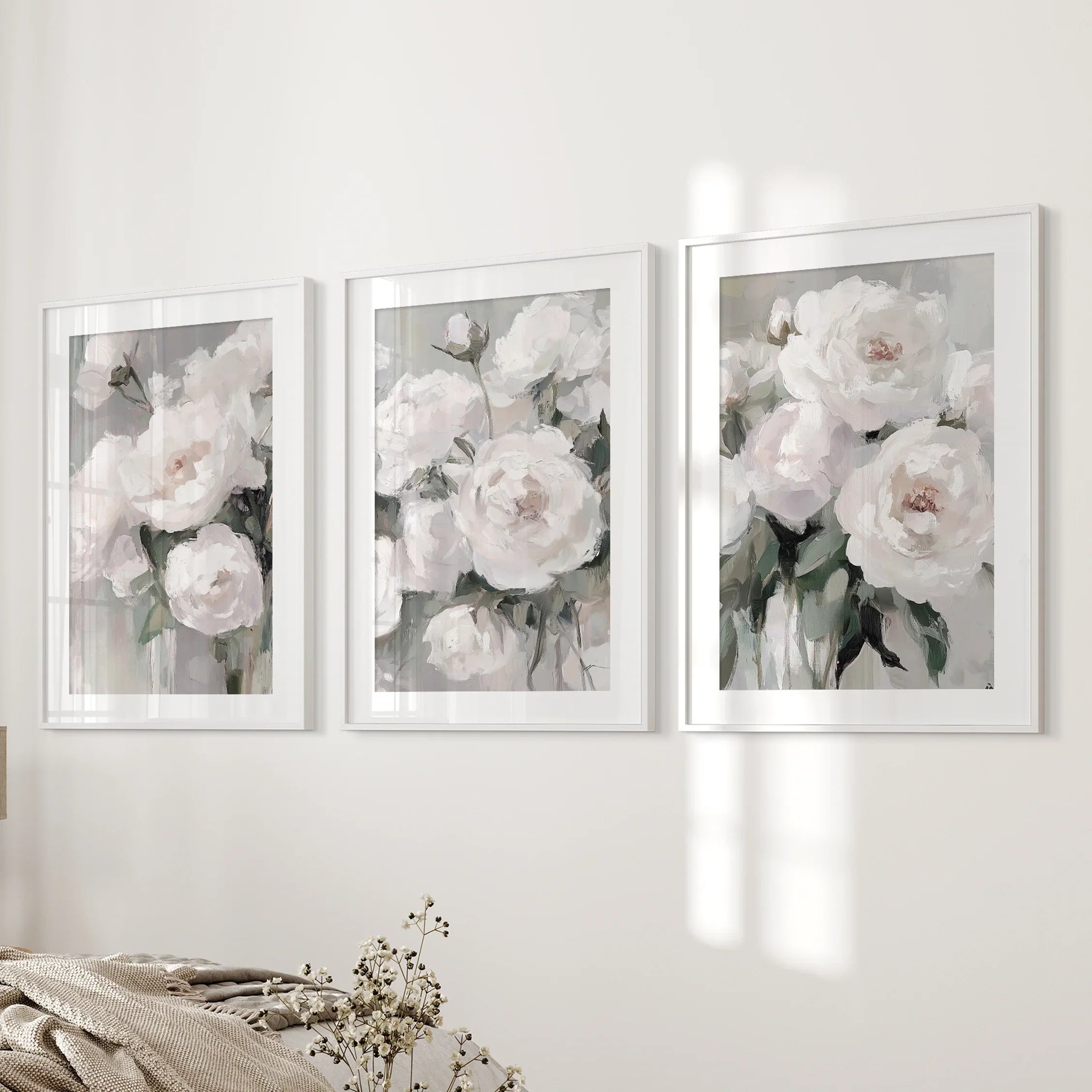 Romantic White Flower 3 Piece Wall Art. Peony Painting Print