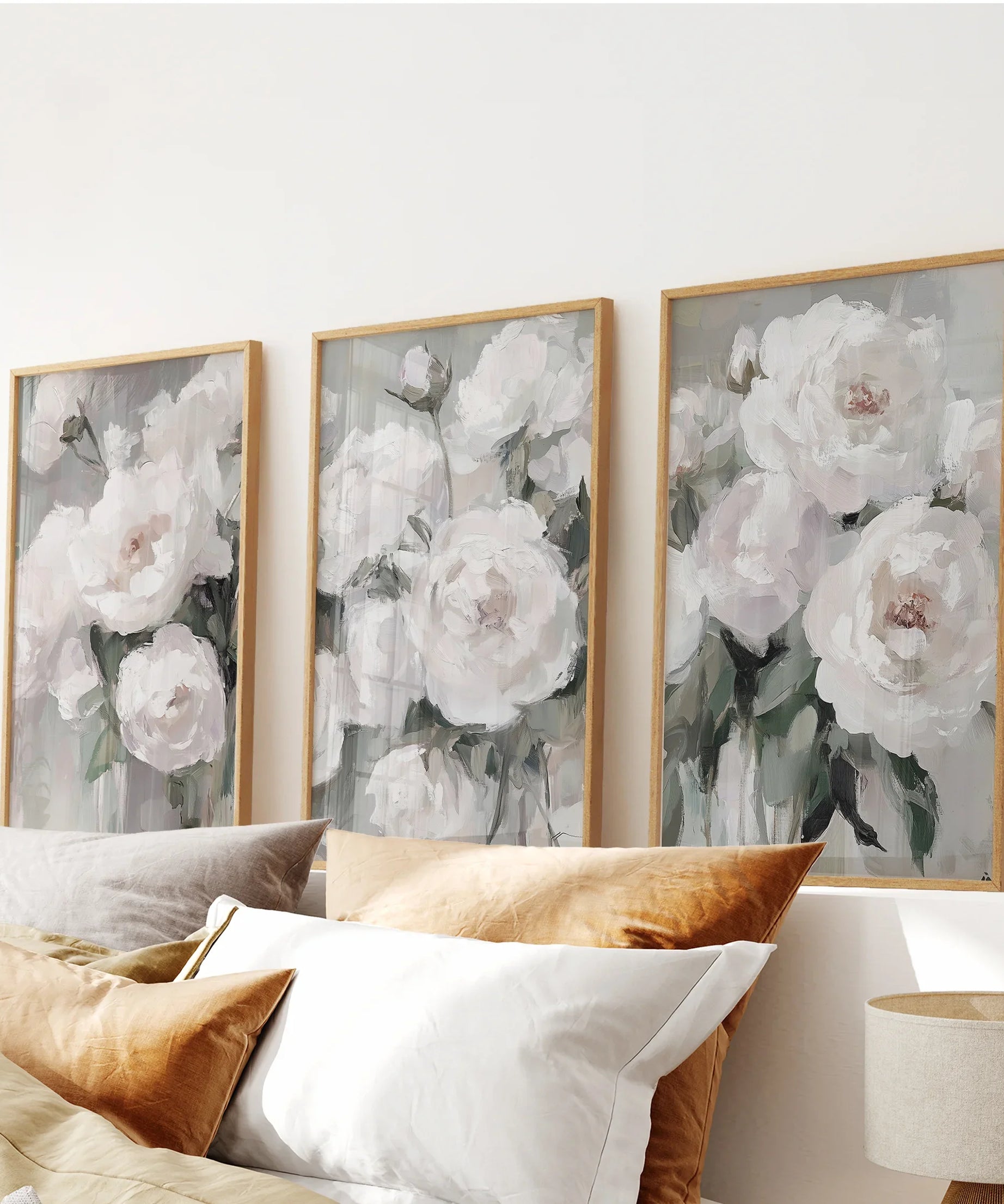 Romantic White Flower 3 Piece Wall Art. Peony Painting Print
