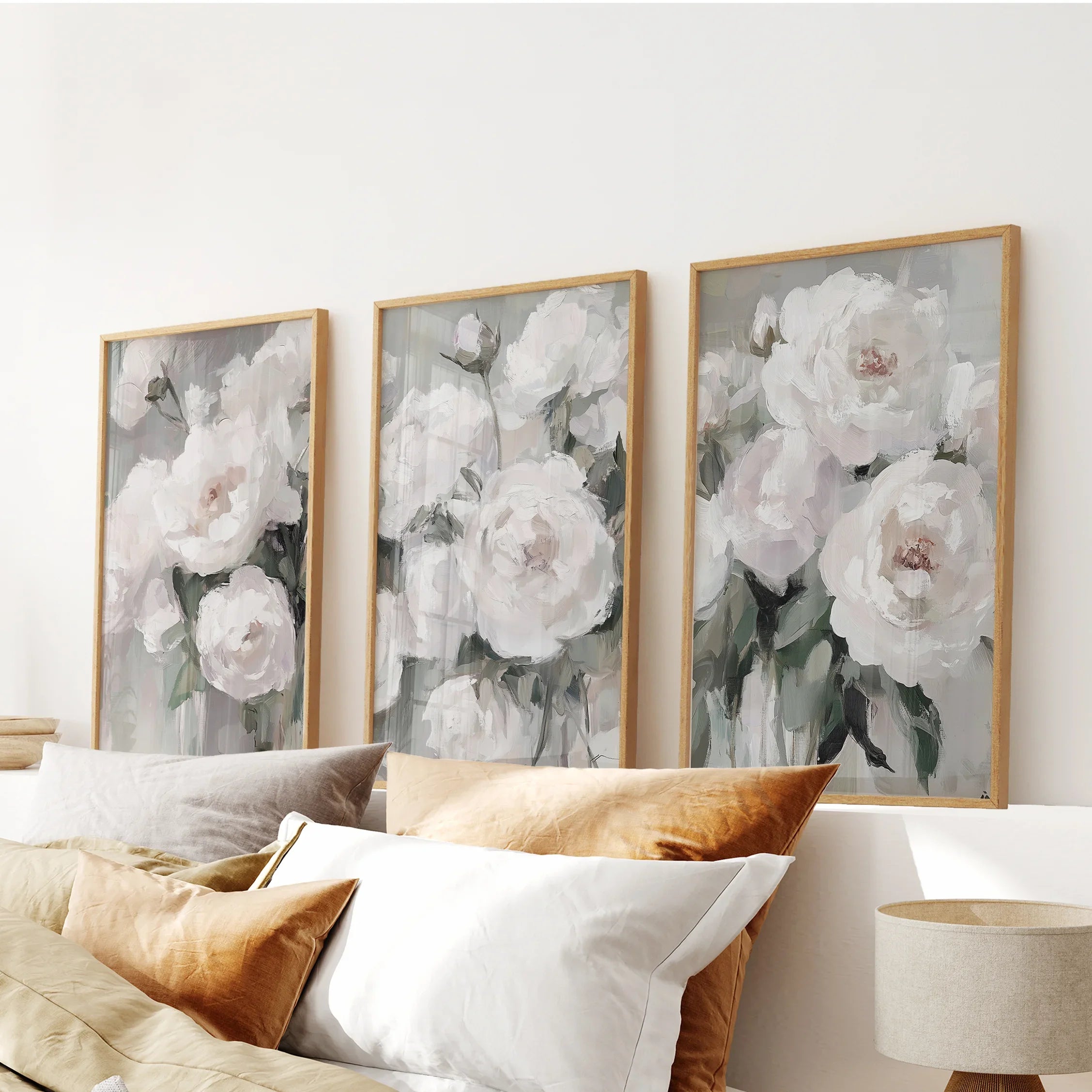 Romantic White Flower 3 Piece Wall Art. Peony Painting Print