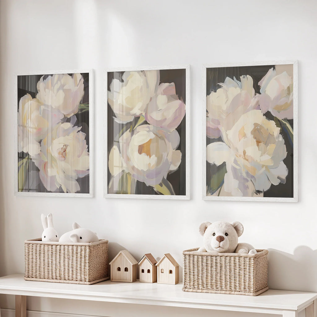 Moody Pink and White Peonies Art. Floral Set of 3 Prints
