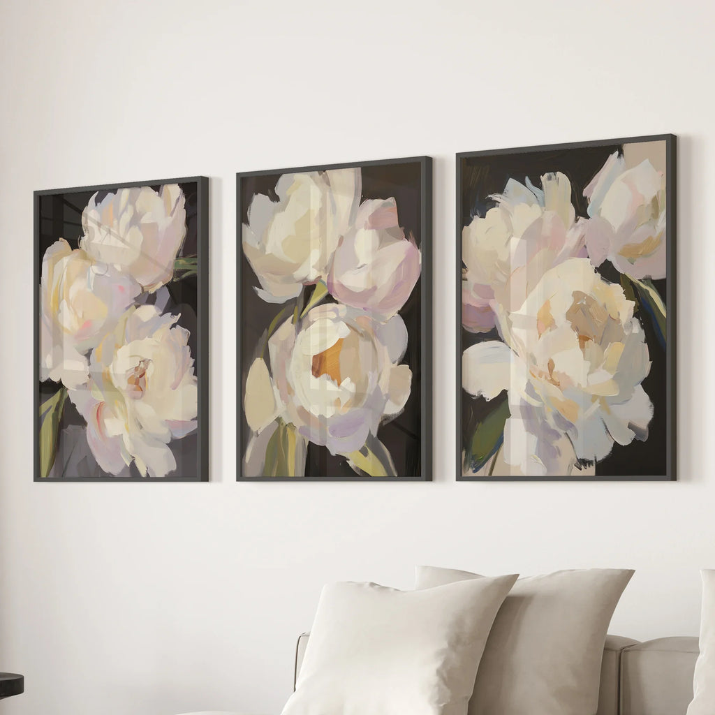 Moody Pink and White Peonies Art. Floral Set of 3 Prints