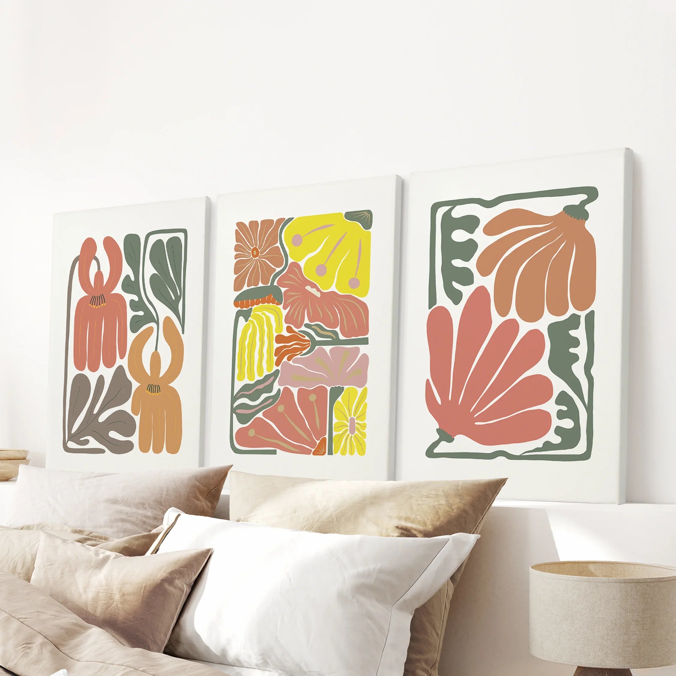 Boho Chic Botanical Decor. Set of 3 Abstract Flowers Prints