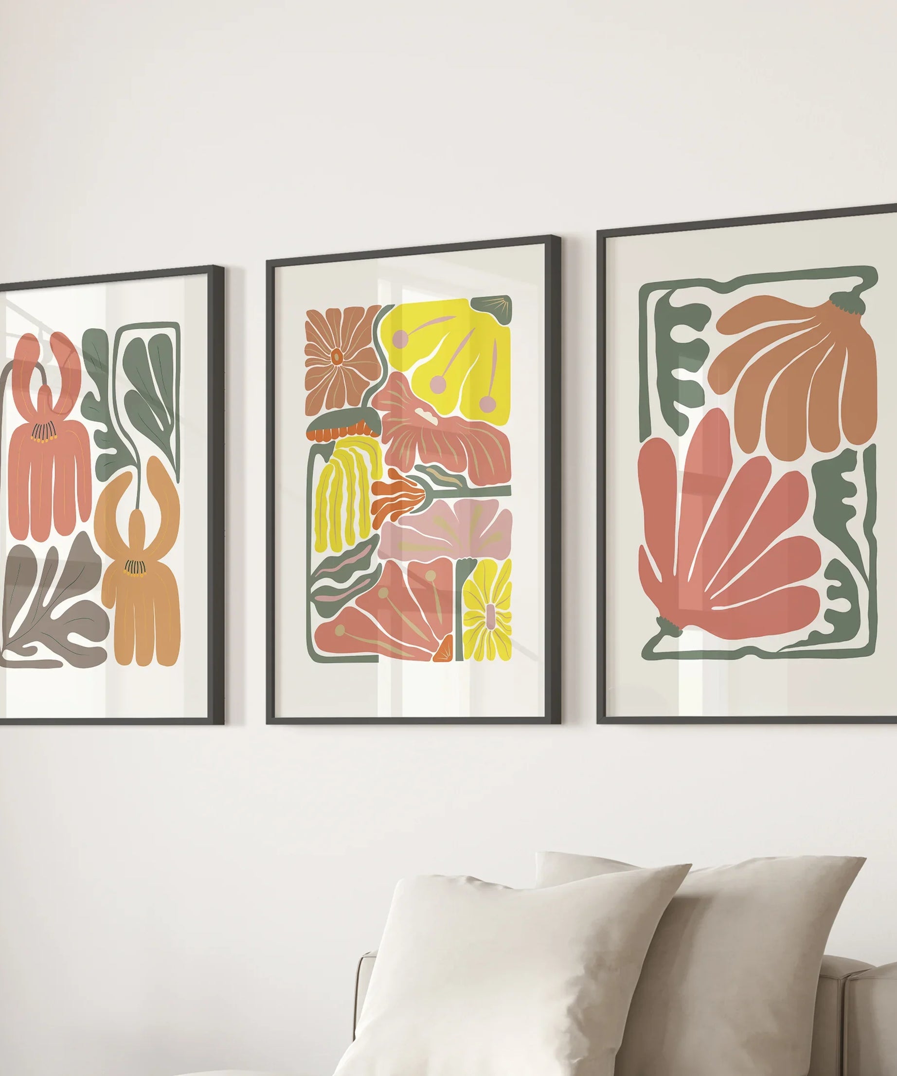 Boho Chic Botanical Decor. Set of 3 Abstract Flowers Prints