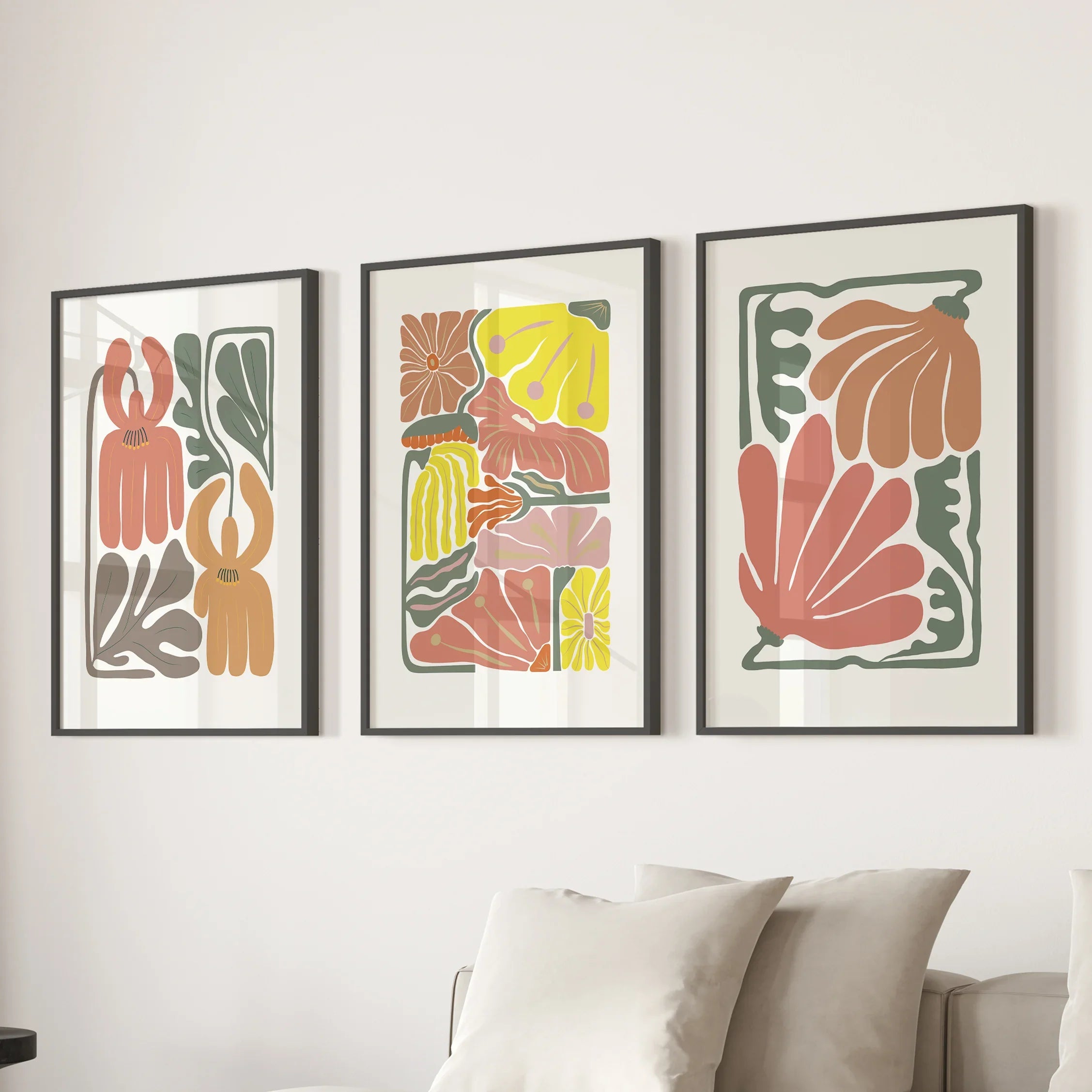 Boho Chic Botanical Decor. Set of 3 Abstract Flowers Prints