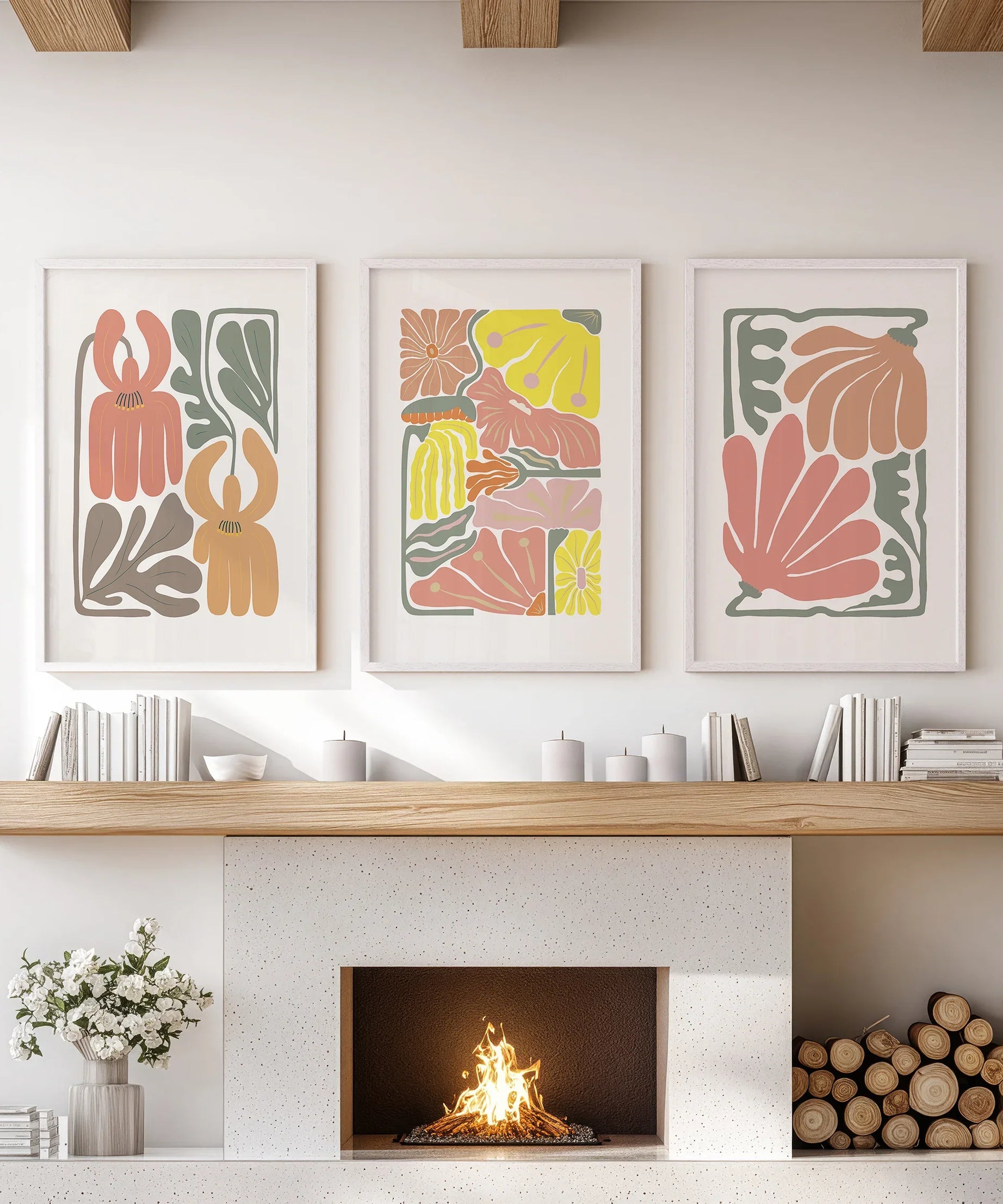 Boho Chic Botanical Decor. Set of 3 Abstract Flowers Prints