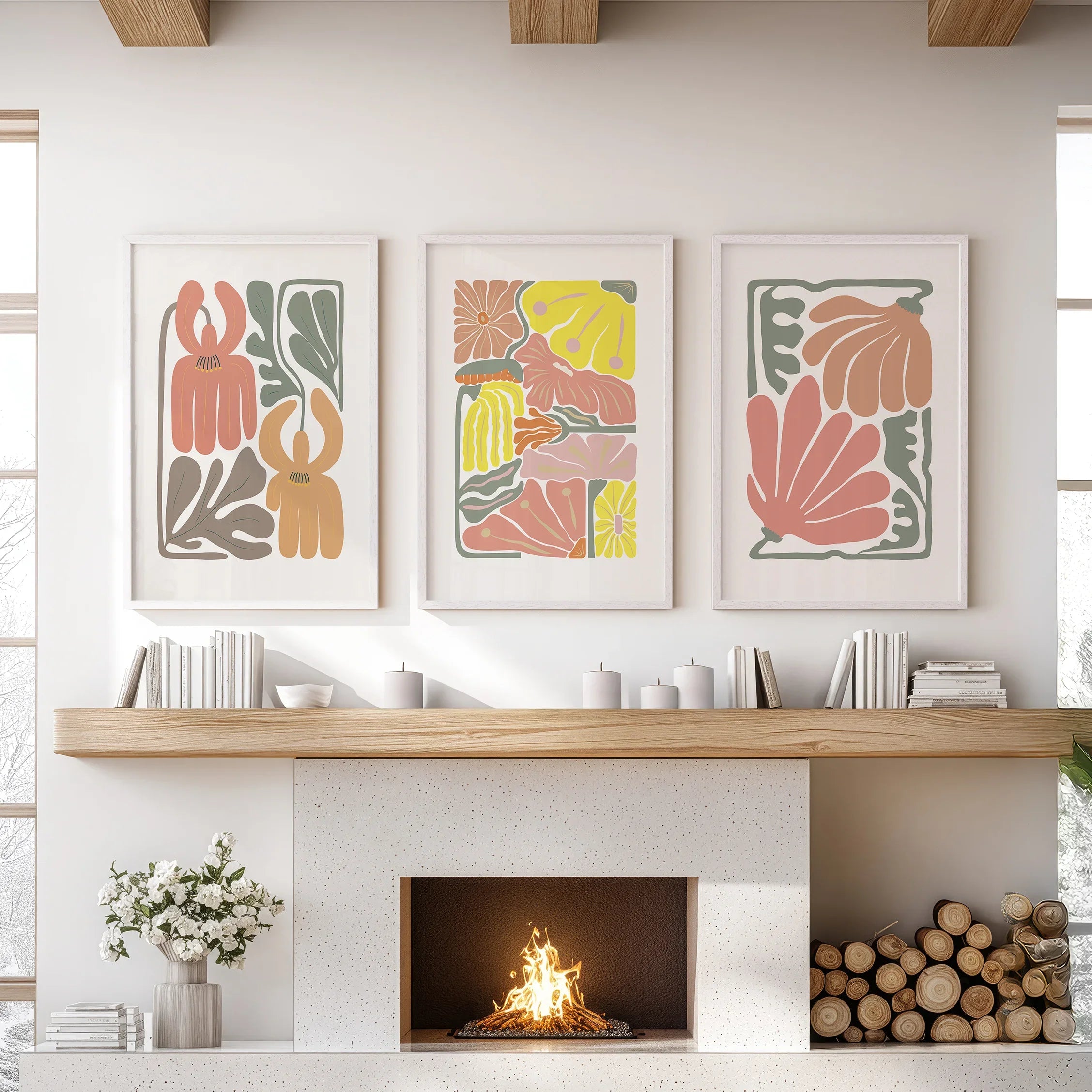 Boho Chic Botanical Decor. Set of 3 Abstract Flowers Prints
