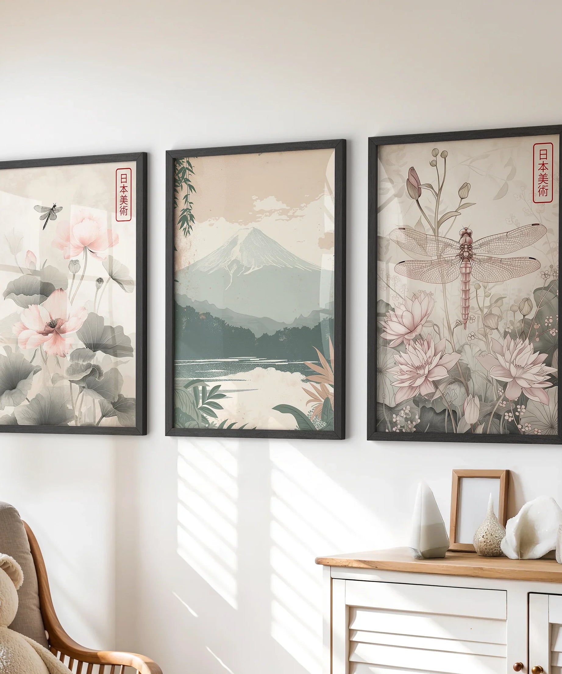 Japandi Style Set of 3 Wall Art. Floral and Mountain Prints