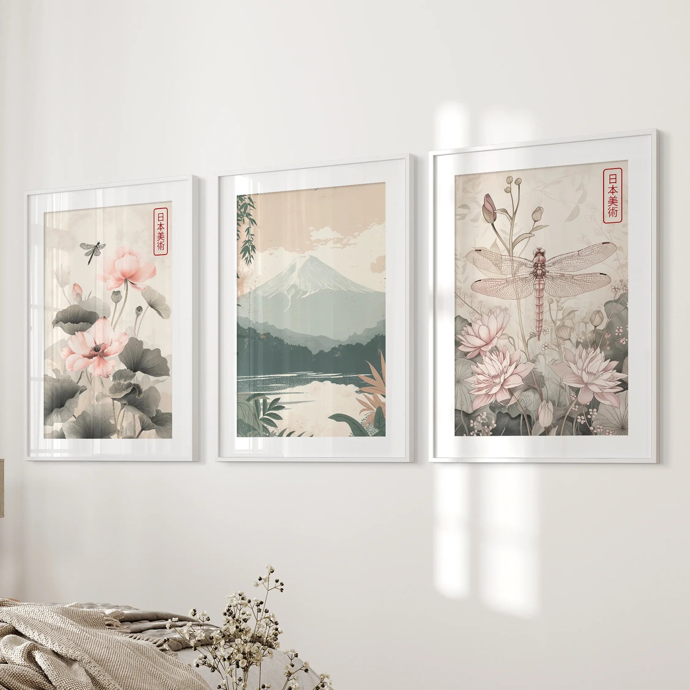 Japandi Style Set of 3 Wall Art. Floral and Mountain Prints