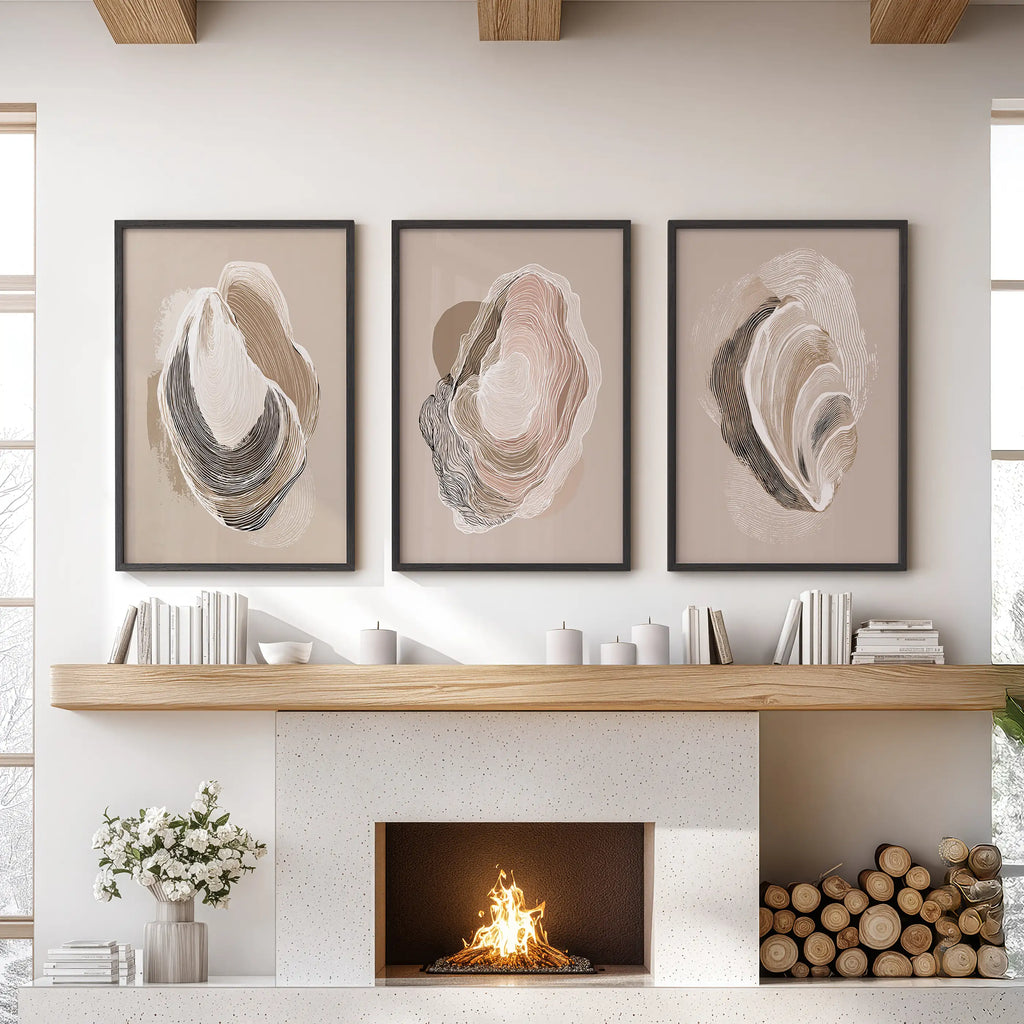 Vintage Oyster Shell Sketch. Minimalist Coastal Wall Art Set