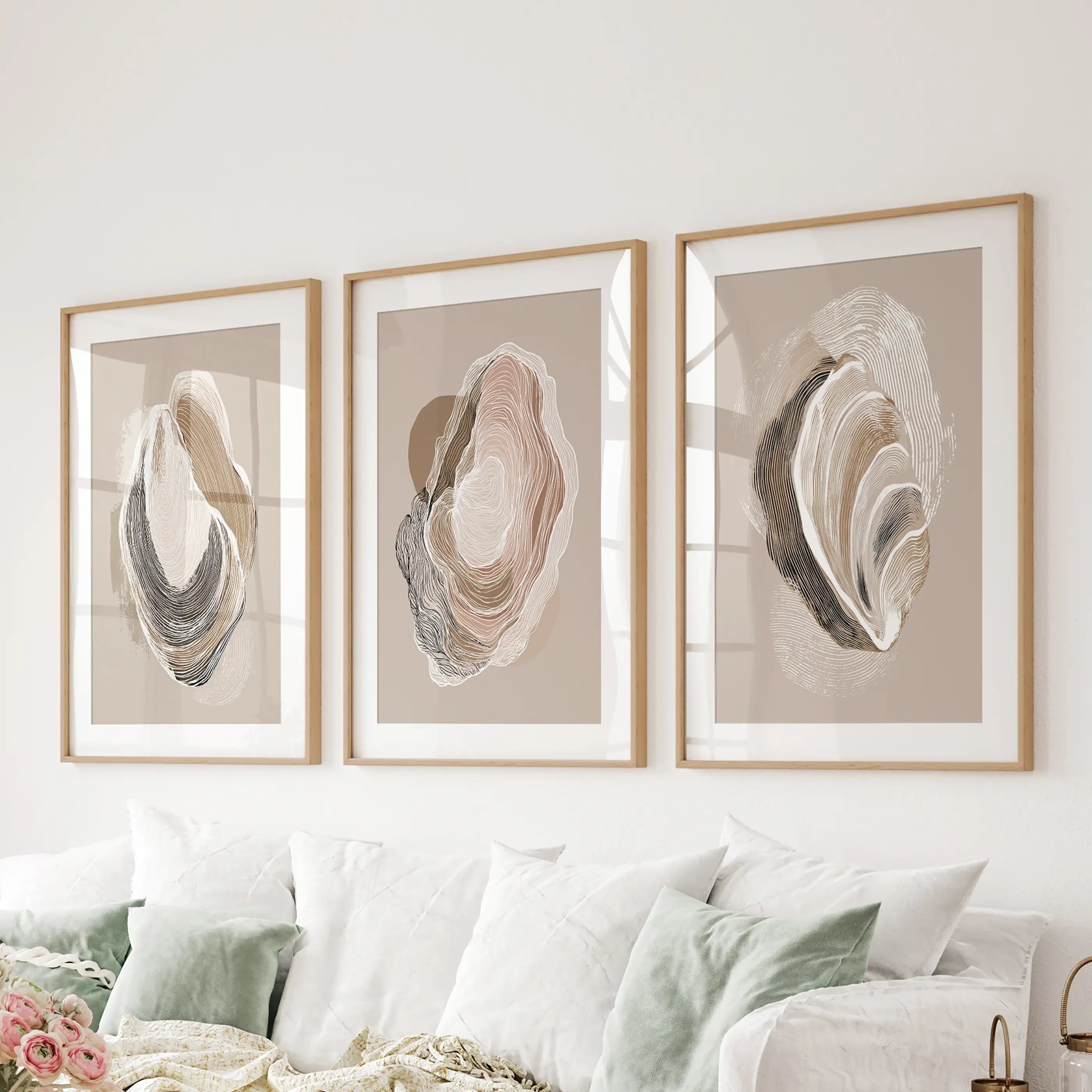 Vintage Oyster Shell Sketch. Minimalist Coastal Wall Art Set