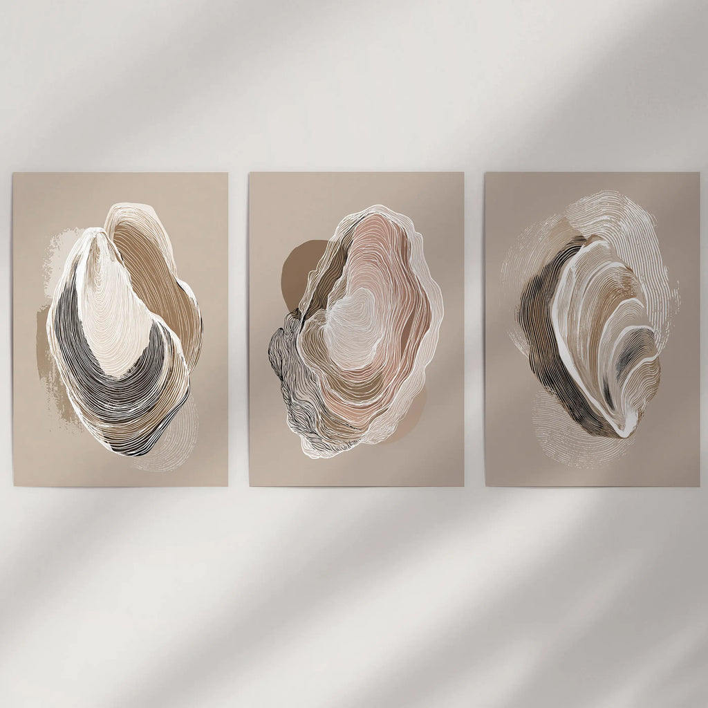 Vintage Oyster Shell Sketch. Minimalist Coastal Wall Art Set