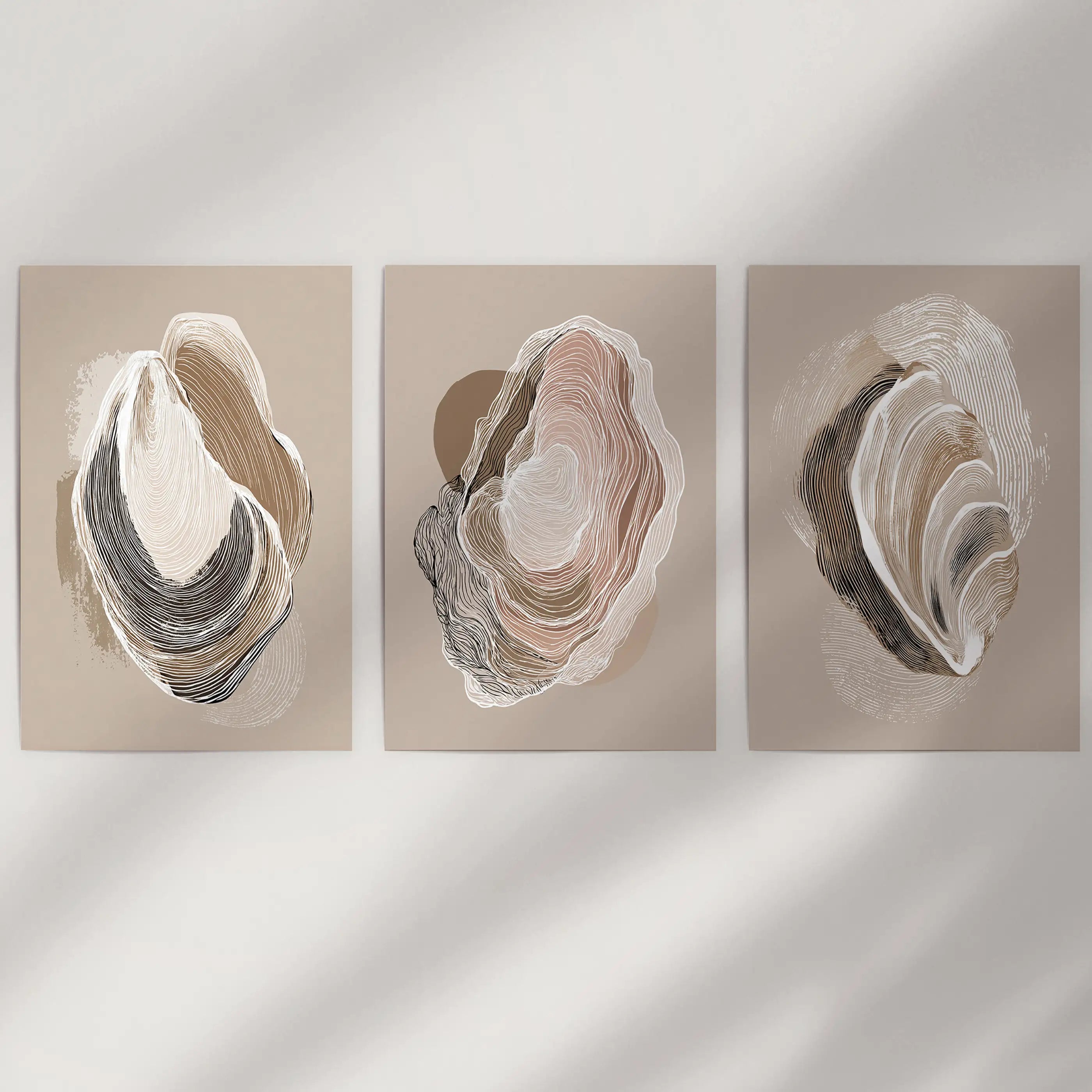 Vintage Oyster Shell Sketch. Minimalist Coastal Wall Art Set