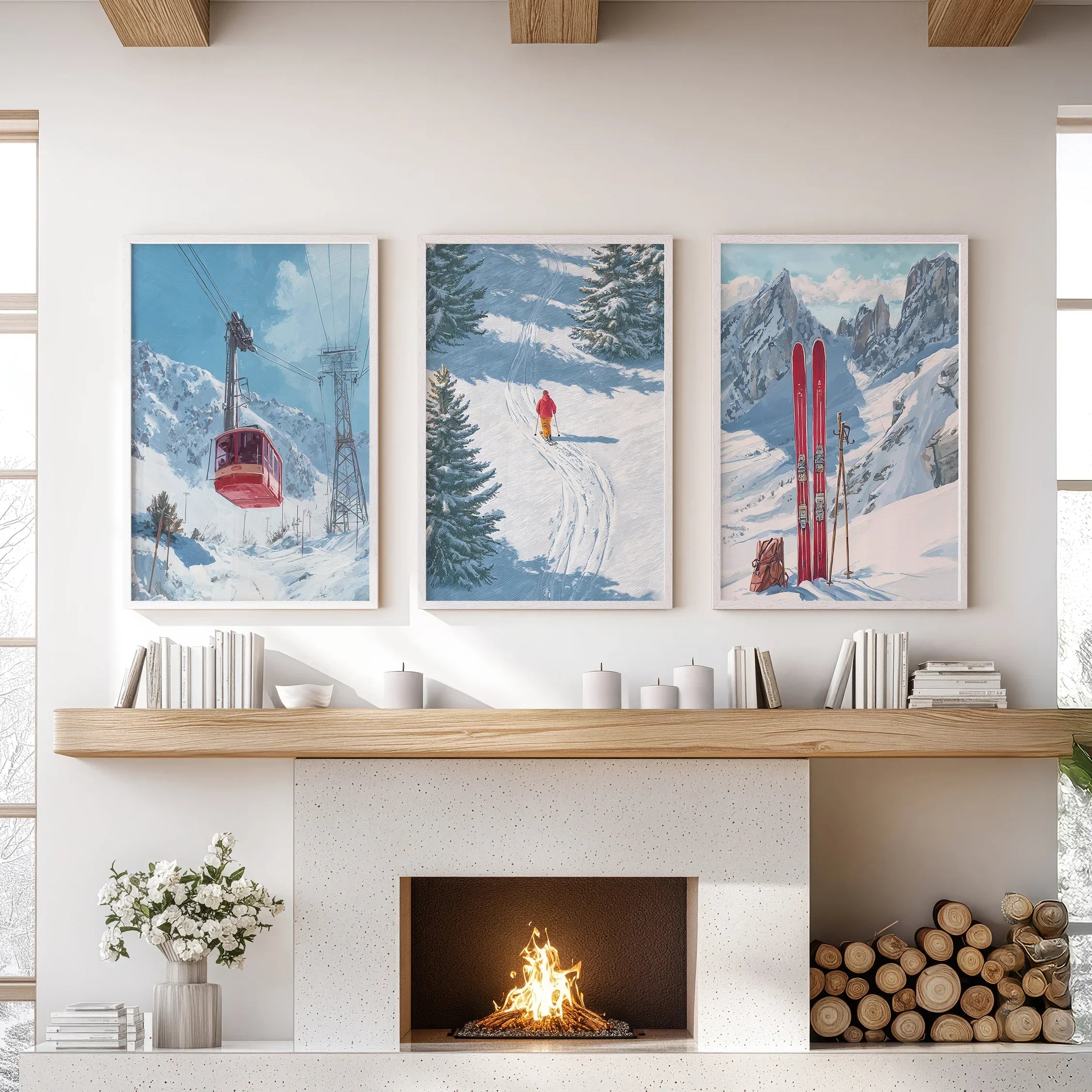 Snowy Mountain Wall Art Set: Skier, Red Skis, Snowy Trees