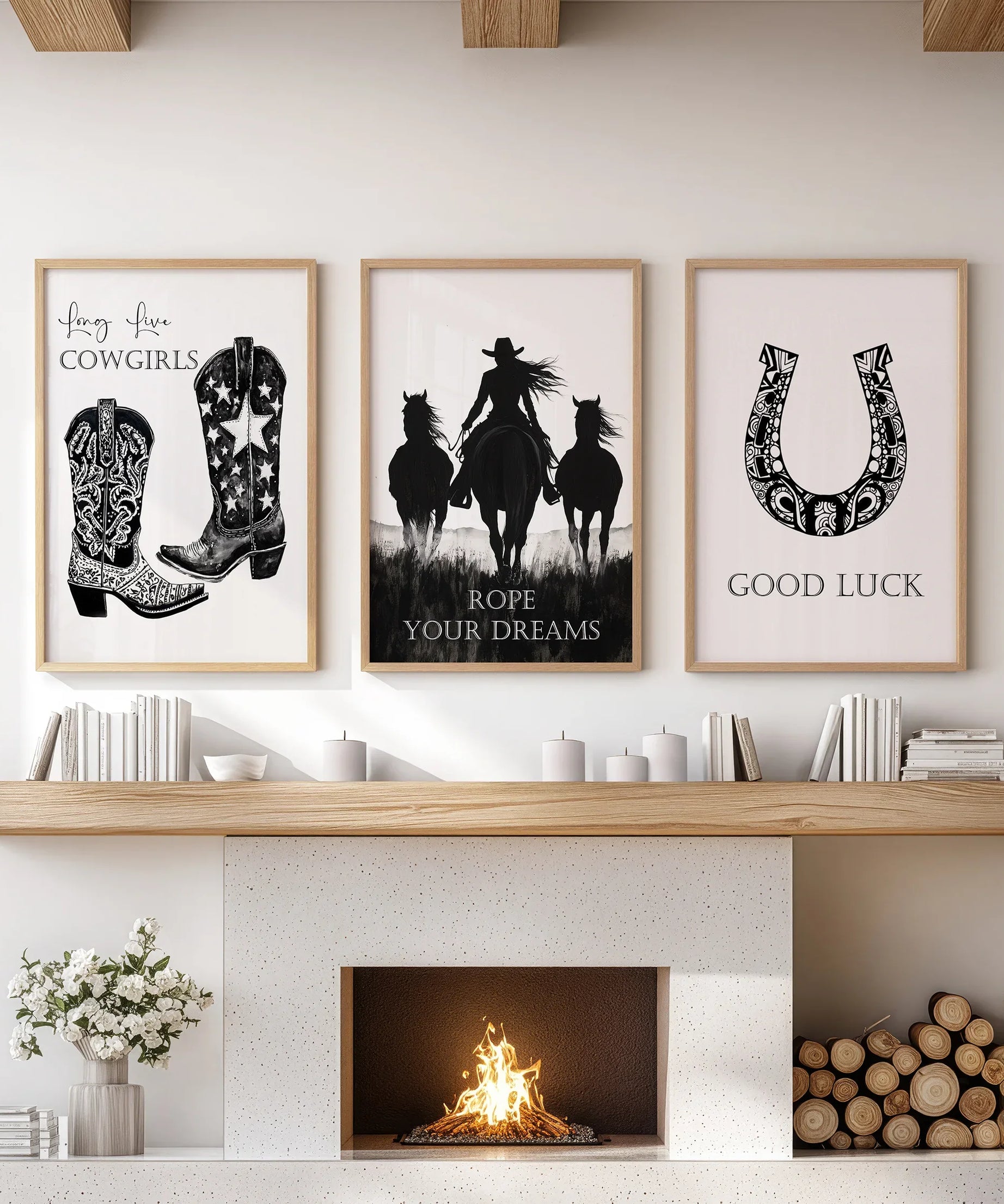 Black White Western Cowgirl 3 Piece Art. Boots, Horseshoe