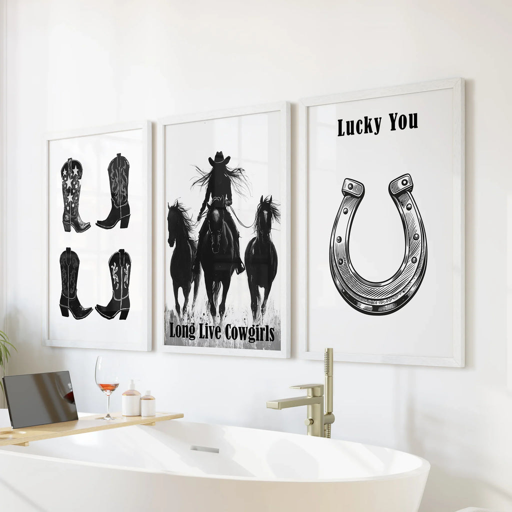 Western Cowgirl Wall Art Set of 3. Rustic Ranch Decor