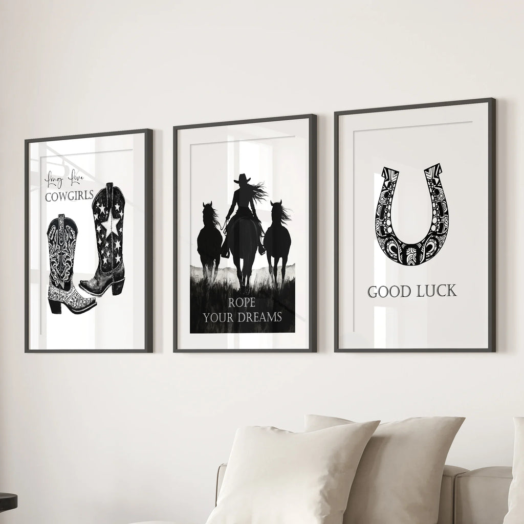 Black White Western Cowgirl 3 Piece Art. Boots, Horseshoe