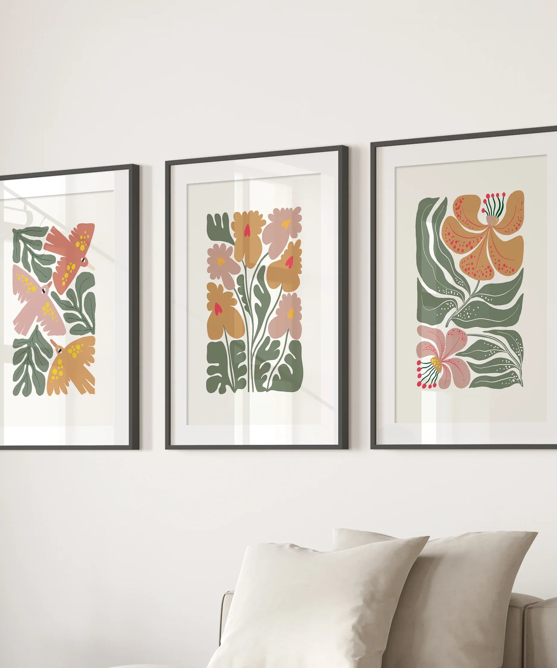 Abstract Botanical Set of 3 Prints. Retro Flower Gallery Art
