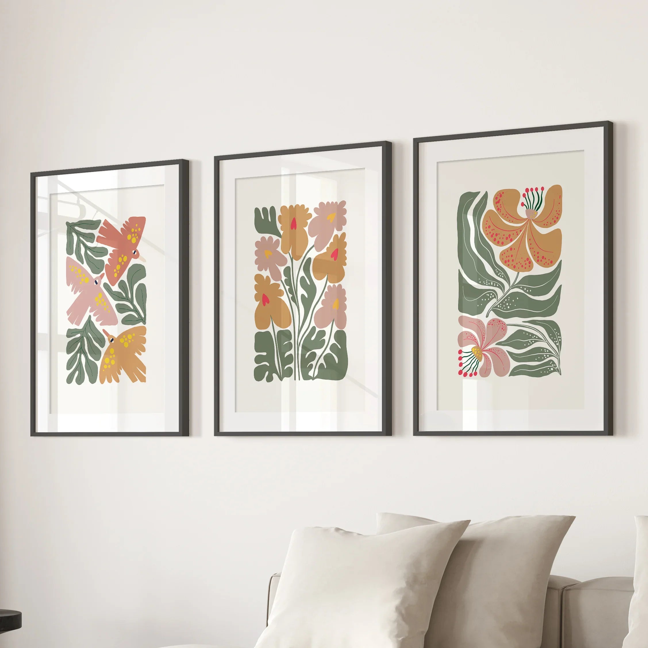 Abstract Botanical Set of 3 Prints. Retro Flower Gallery Art