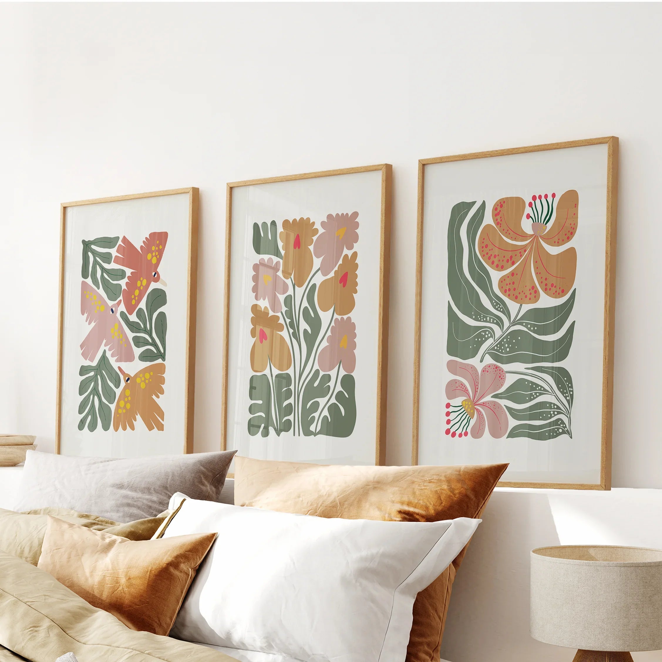 Abstract Botanical Set of 3 Prints. Retro Flower Gallery Art
