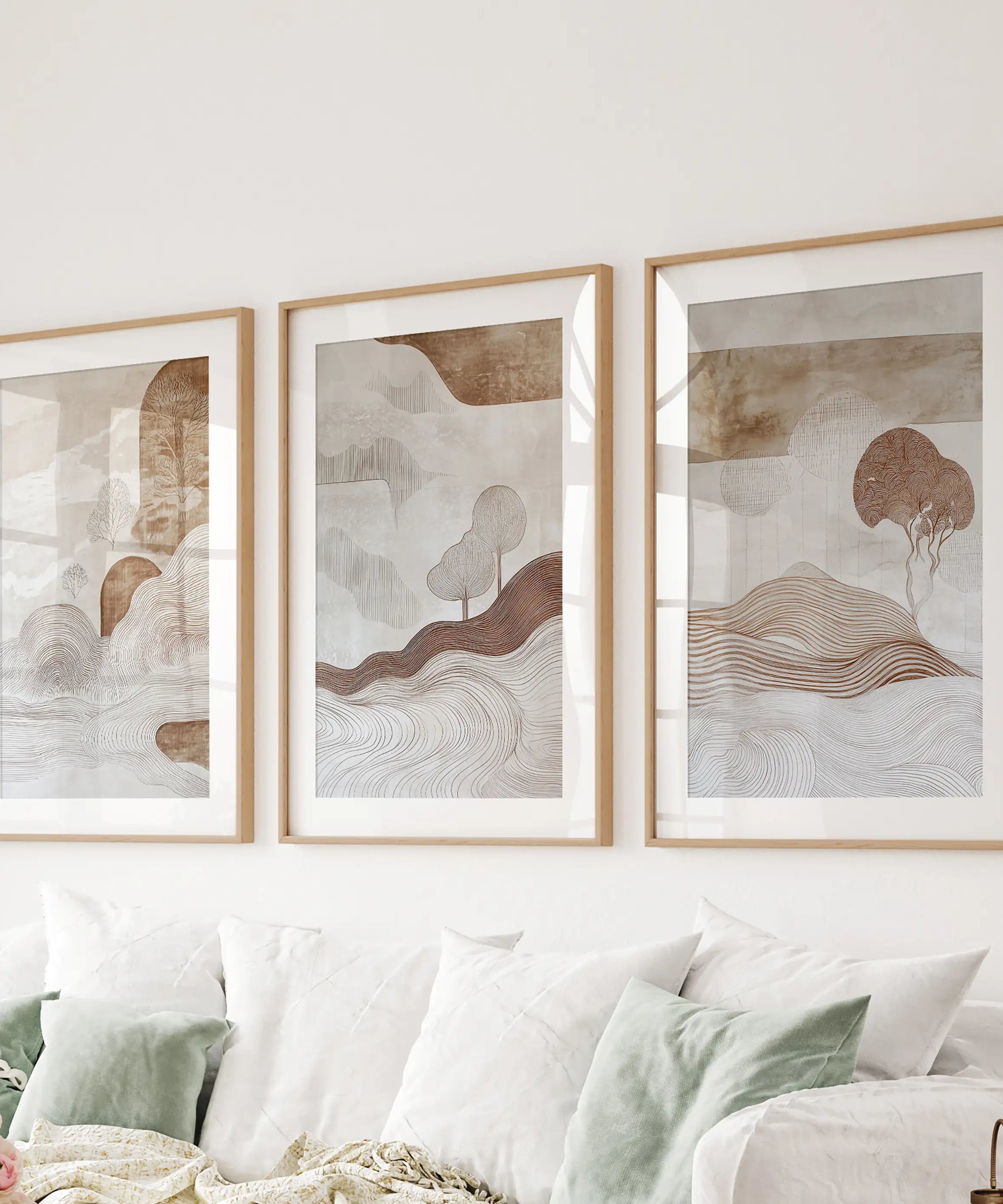 Wabi Sabi Line Art Set of 3 Prints. Earth Tones Landscape