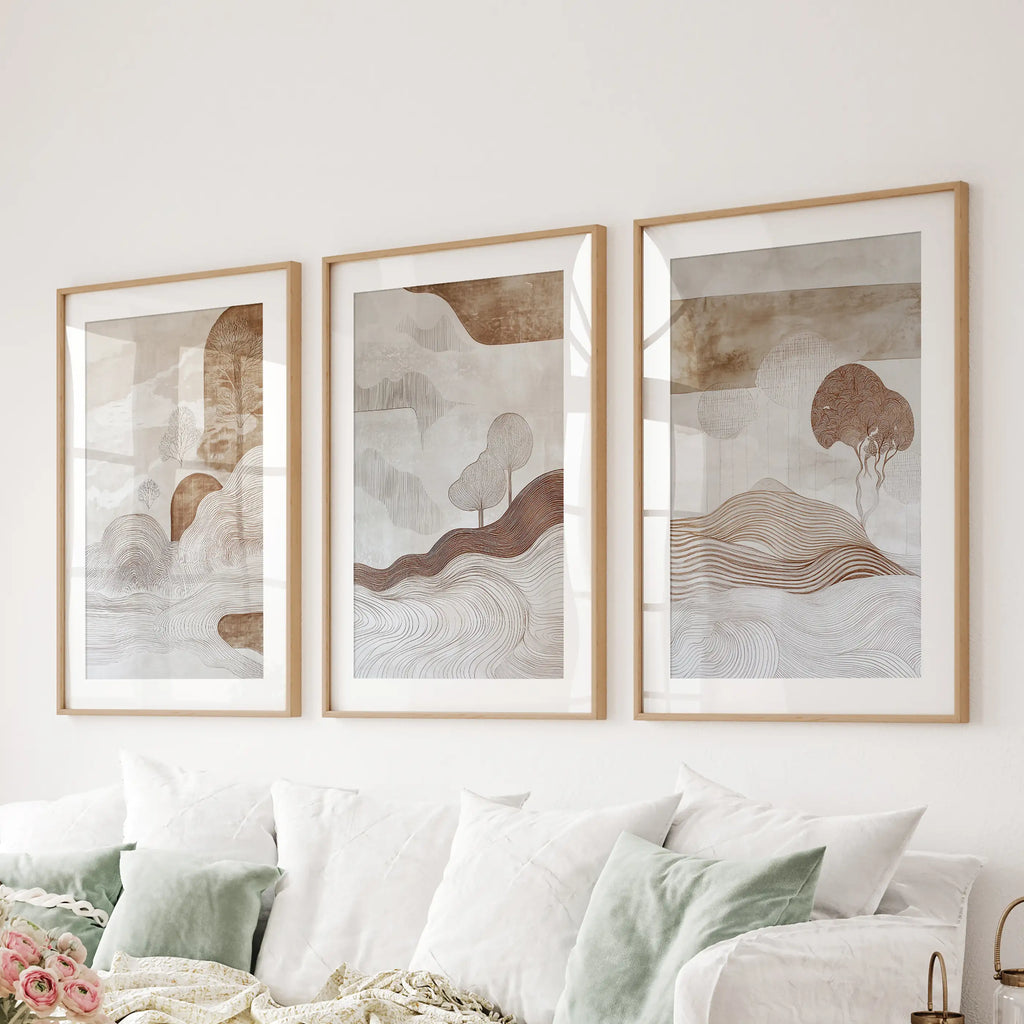 Wabi Sabi Line Art Set of 3 Prints. Earth Tones Landscape