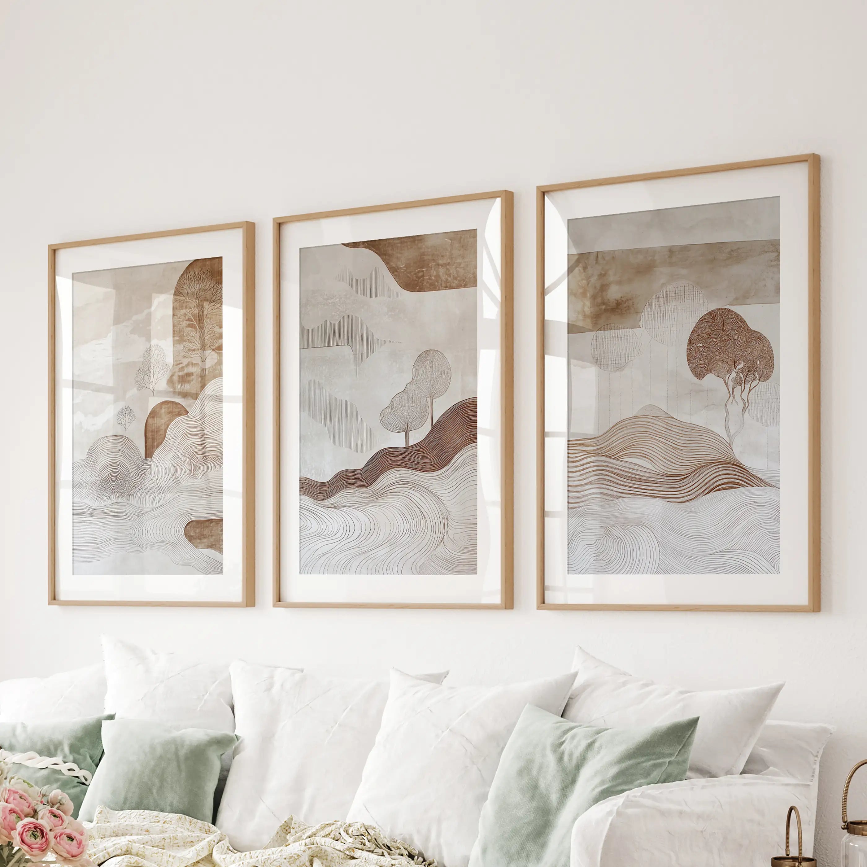Wabi Sabi Line Art Set of 3 Prints. Earth Tones Landscape