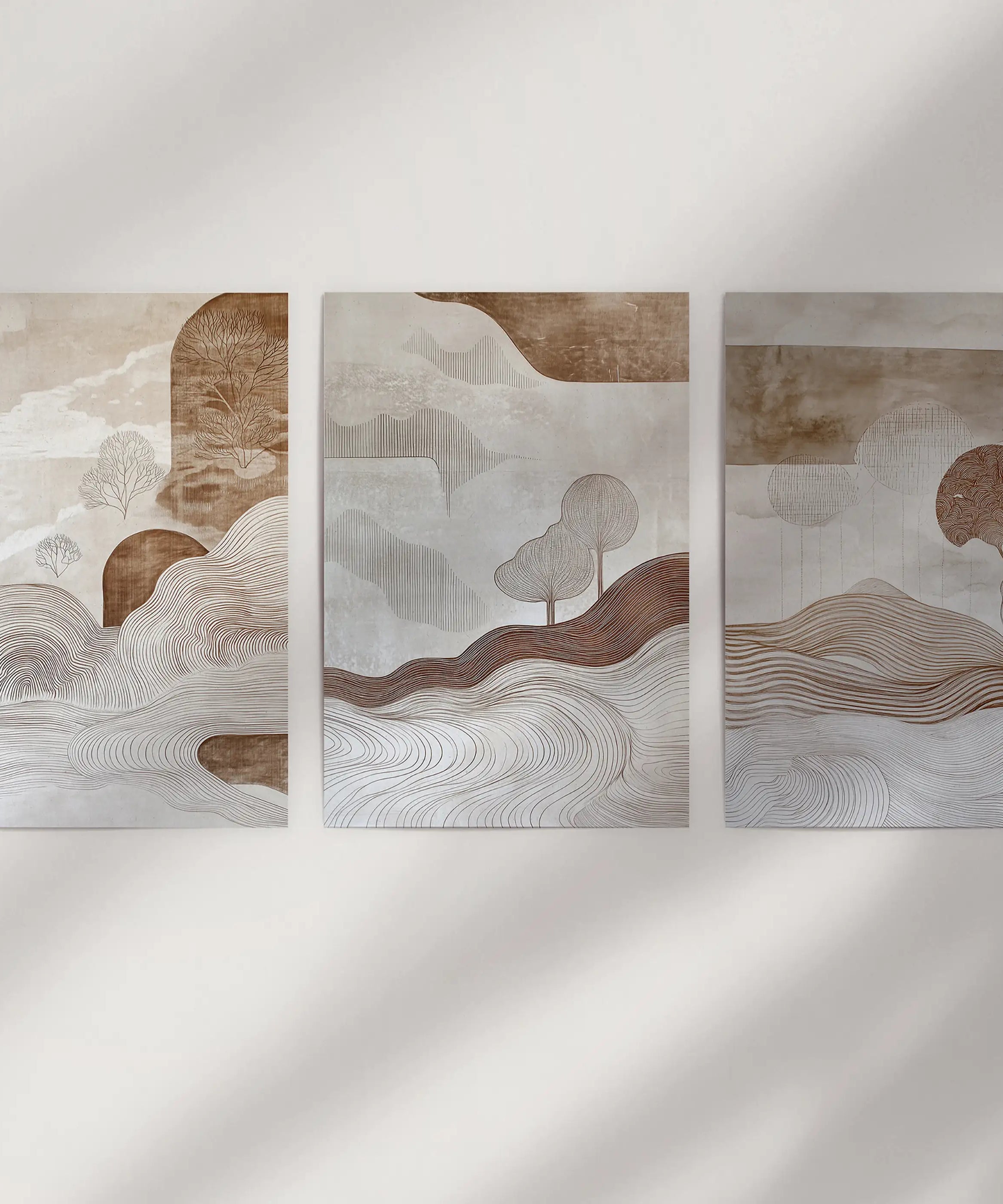 Wabi Sabi Line Art Set of 3 Prints. Earth Tones Landscape