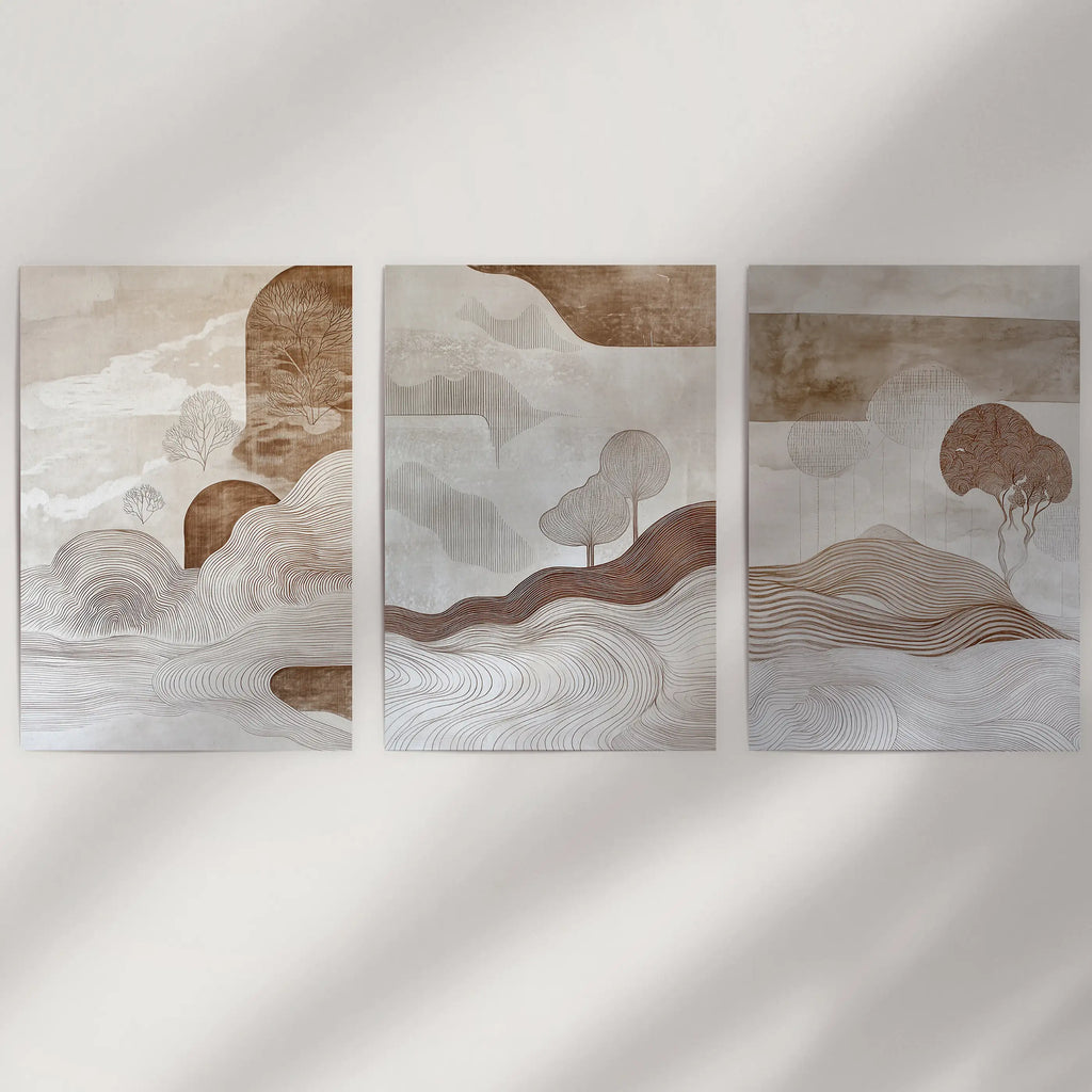 Wabi Sabi Line Art Set of 3 Prints. Earth Tones Landscape