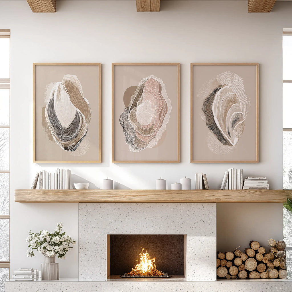 Vintage Oyster Shell Sketch. Minimalist Coastal Wall Art Set