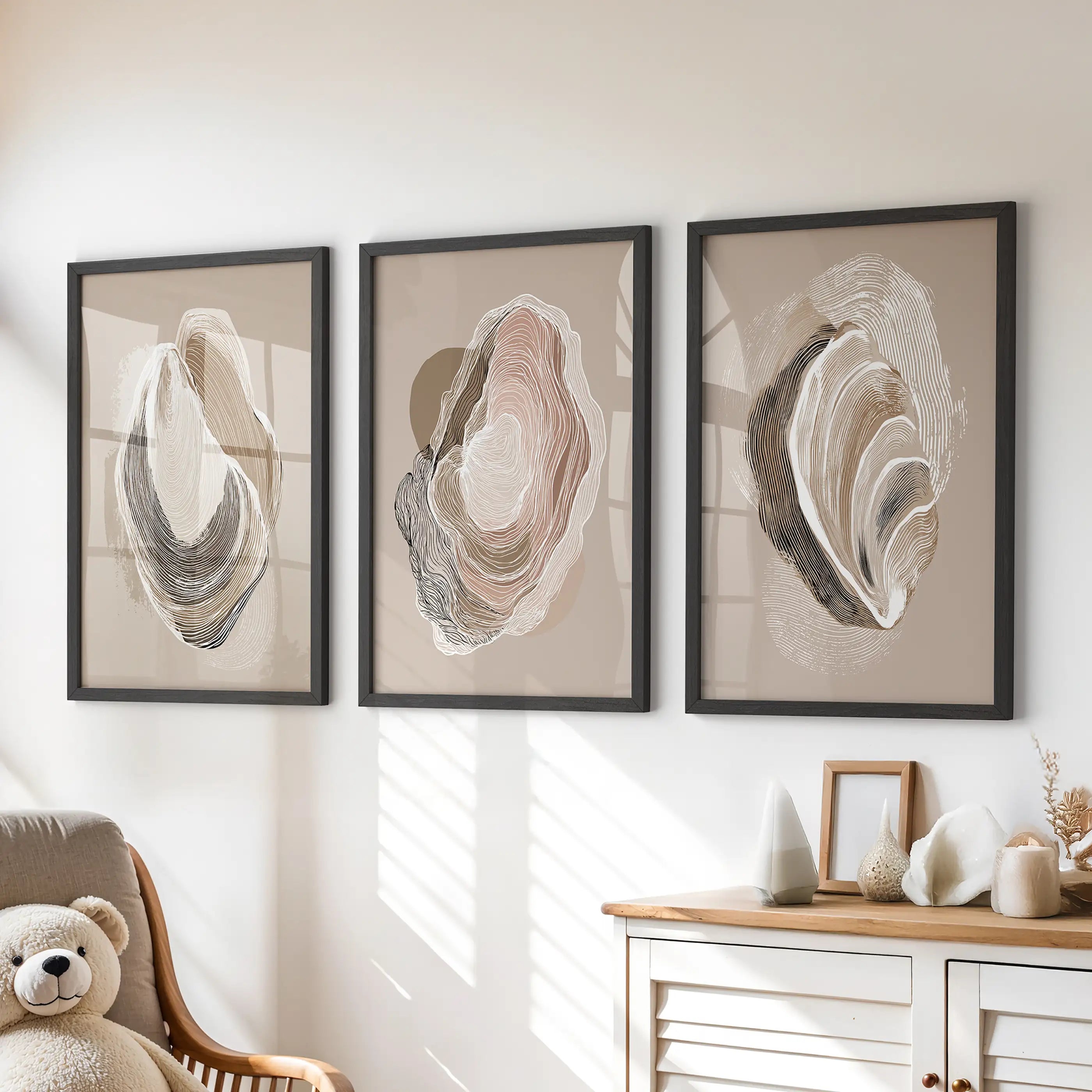 Vintage Oyster Shell Sketch. Minimalist Coastal Wall Art Set