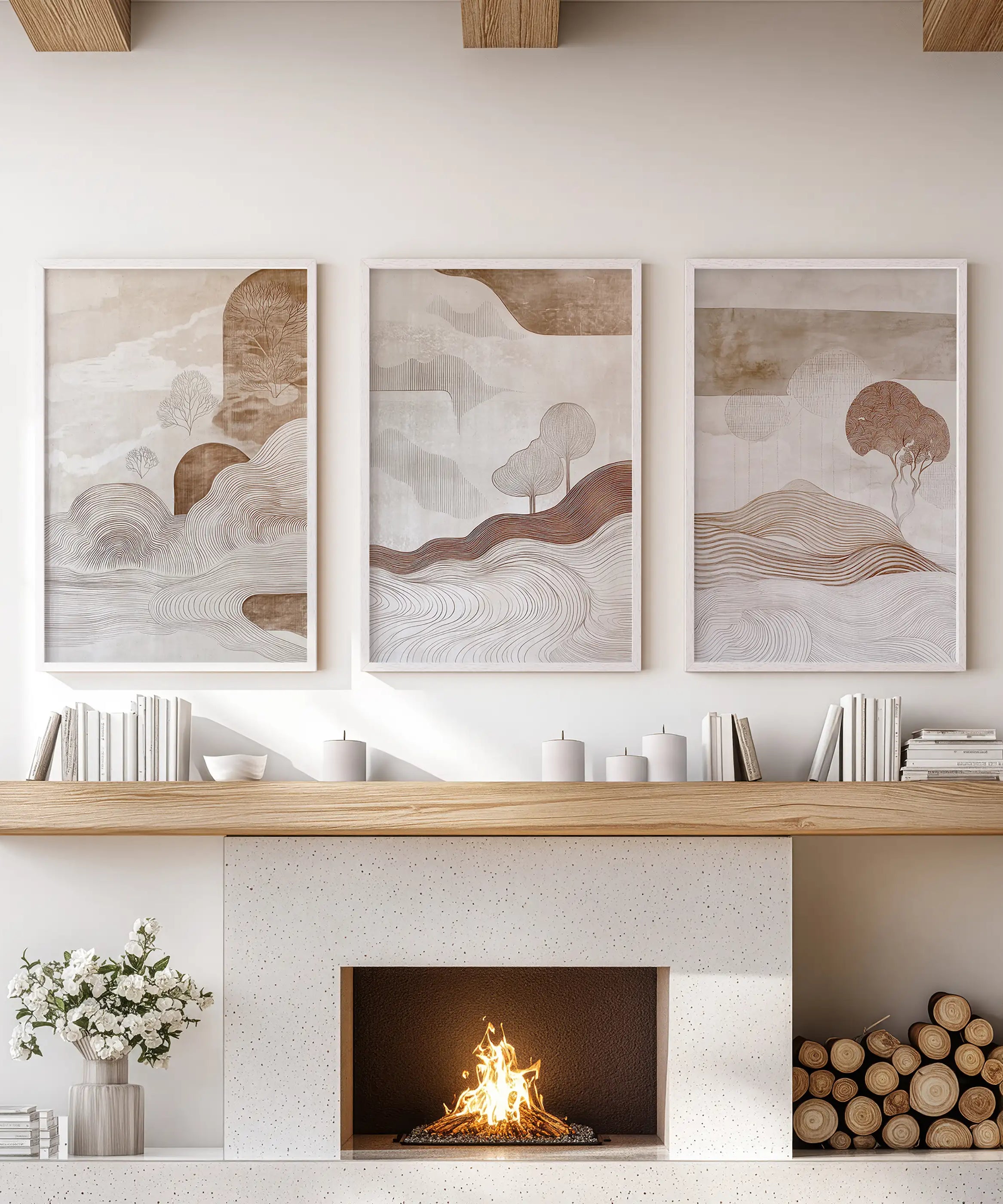 Wabi Sabi Line Art Set of 3 Prints. Earth Tones Landscape