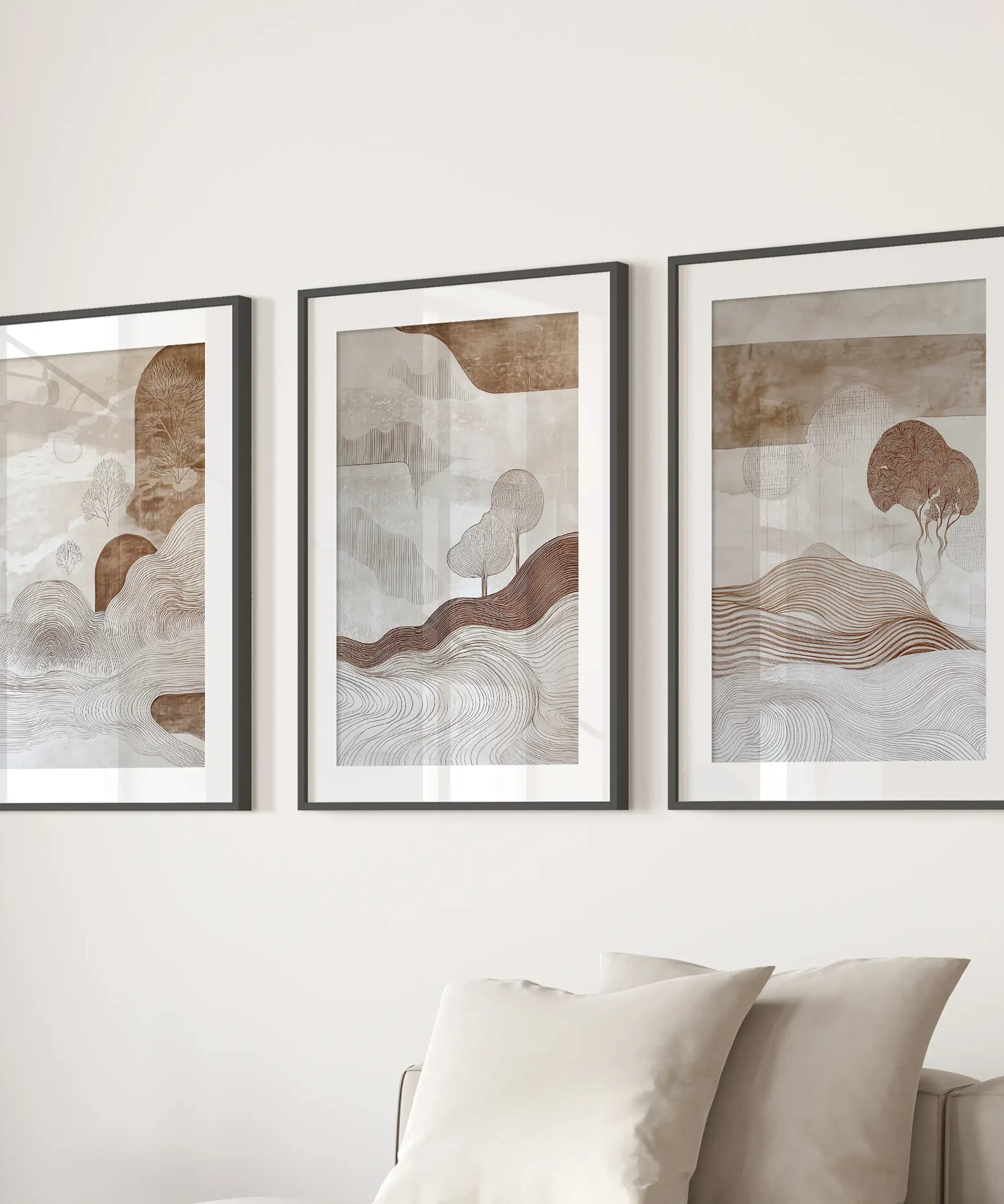 Wabi Sabi Line Art Set of 3 Prints. Earth Tones Landscape
