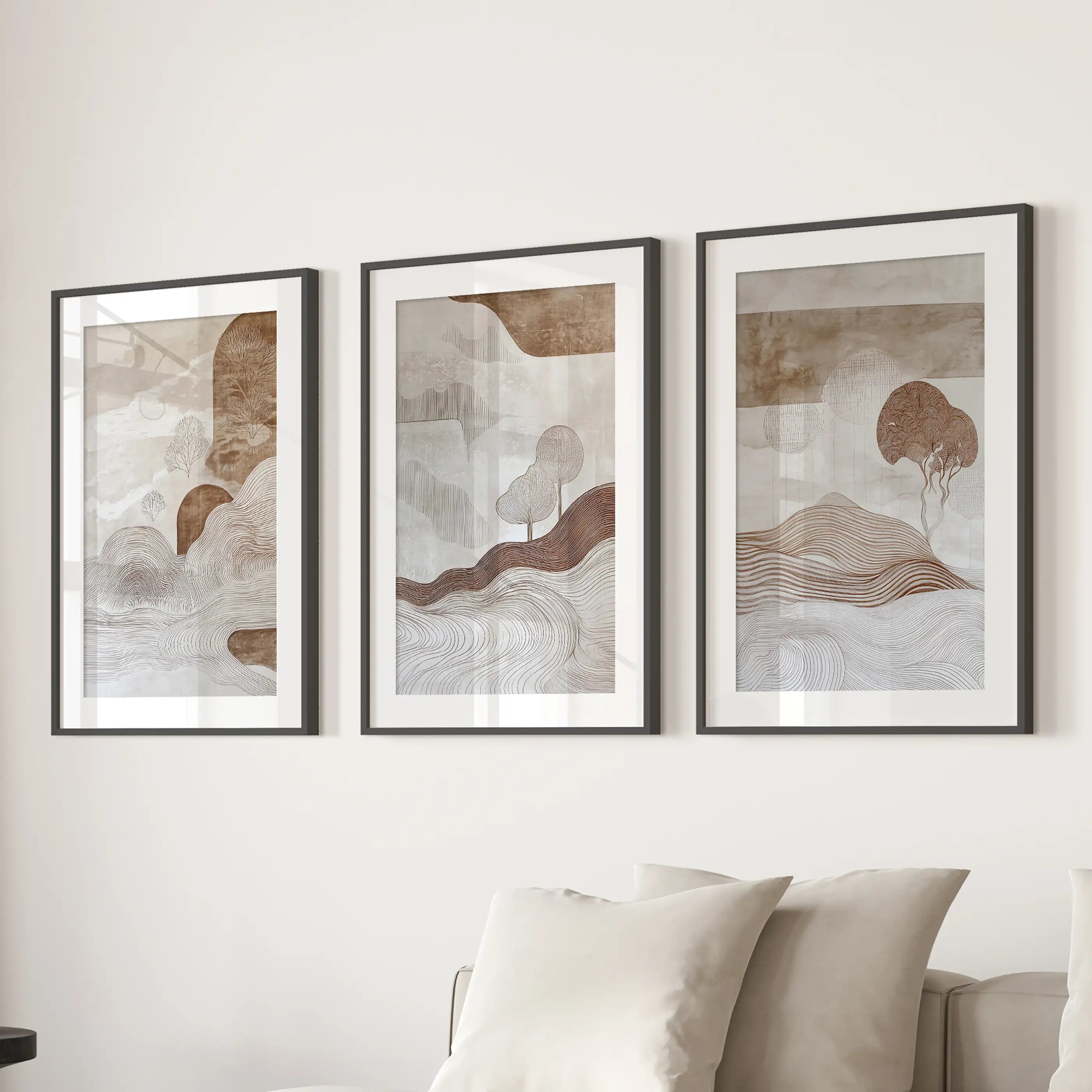 Wabi Sabi Line Art Set of 3 Prints. Earth Tones Landscape