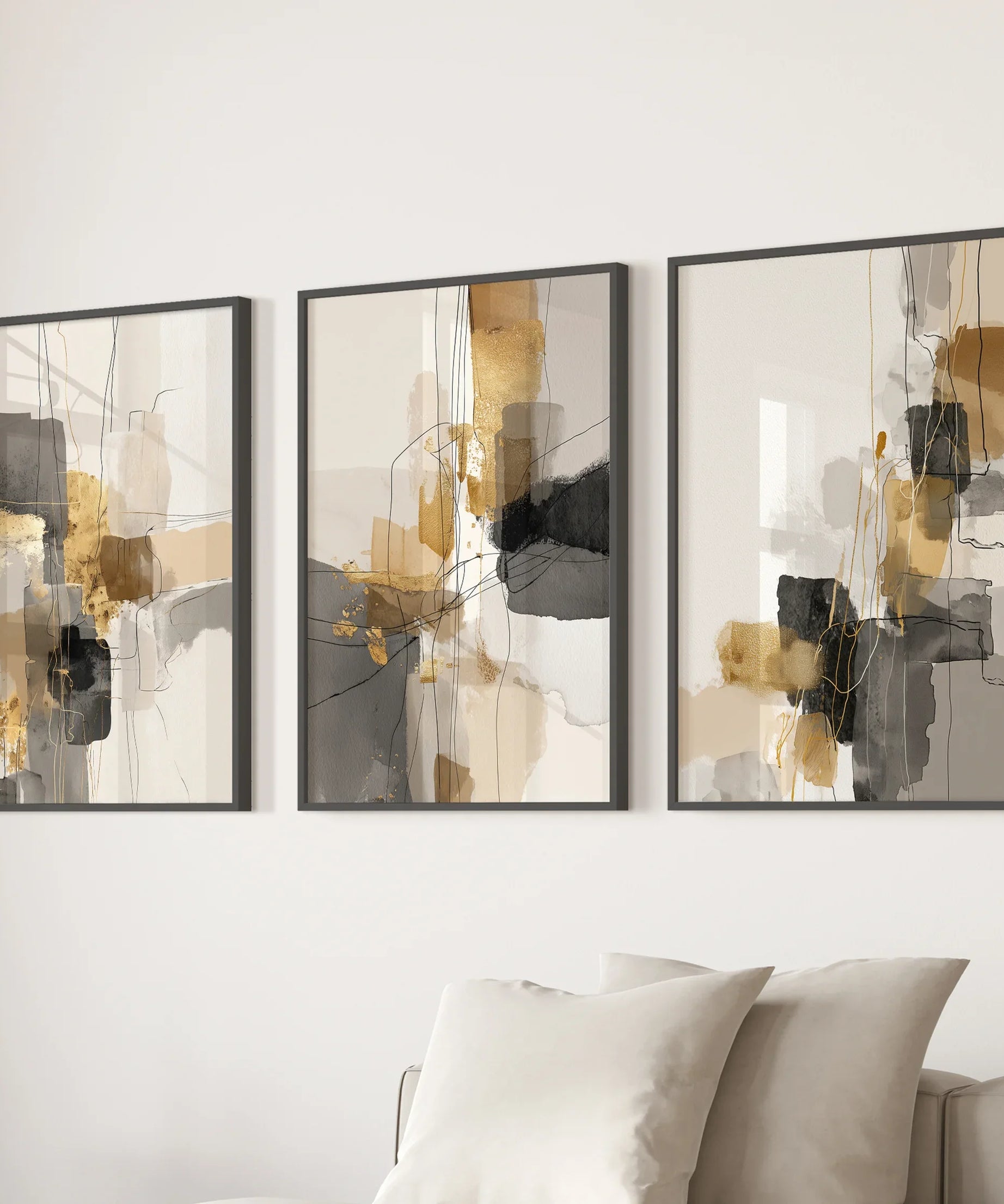 Neutral Abstract Wall Art Set of 3. Beige, Gray, Gold Prints