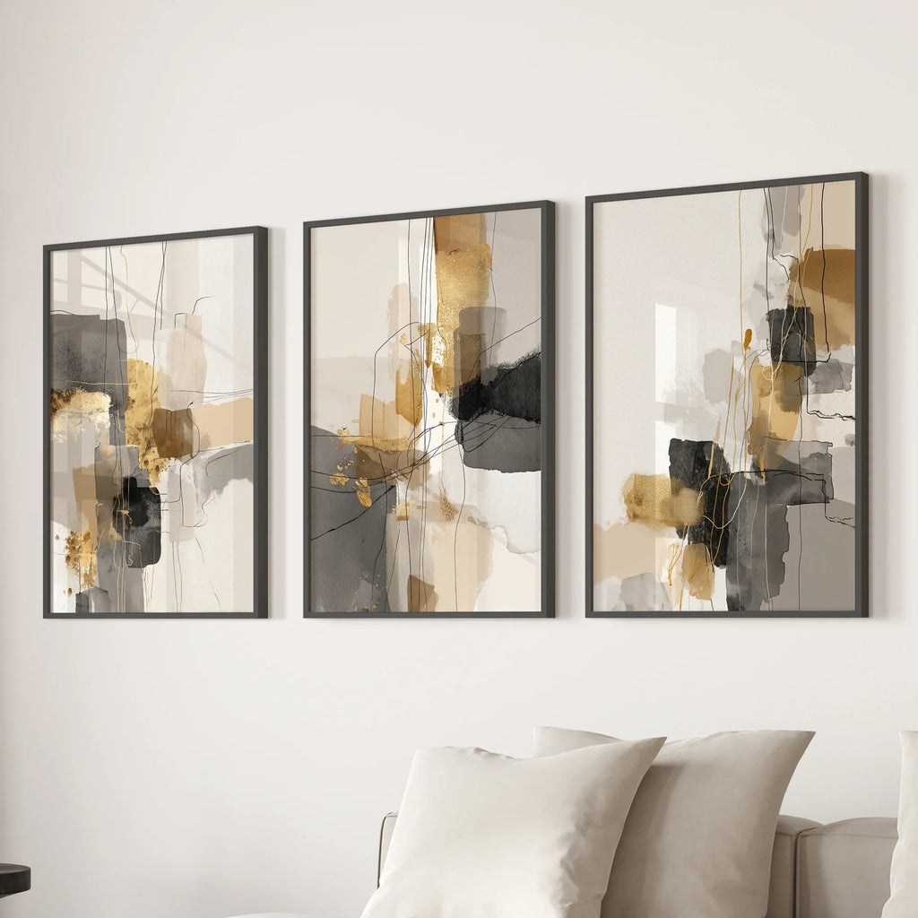 Neutral Abstract Wall Art Set of 3. Beige, Gray, Gold Prints