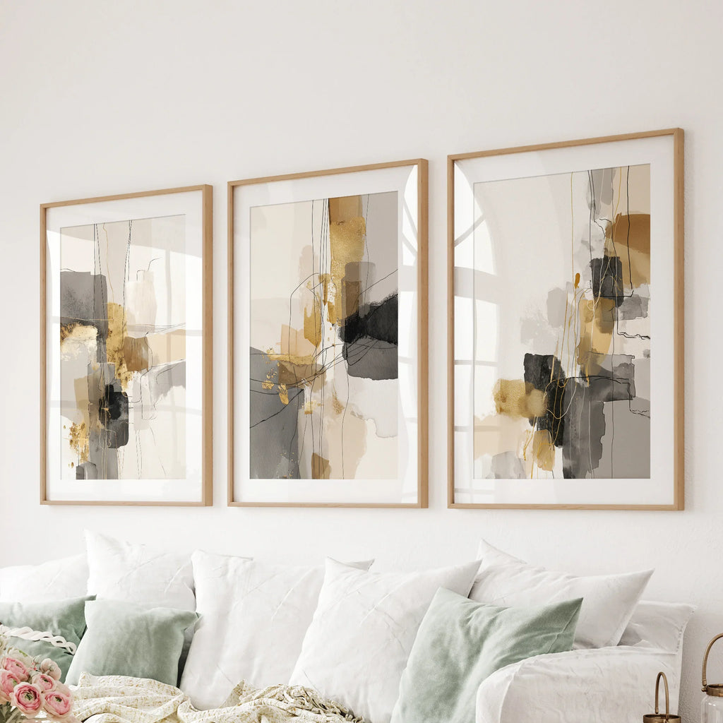 Neutral Abstract Wall Art Set of 3. Beige, Gray, Gold Prints