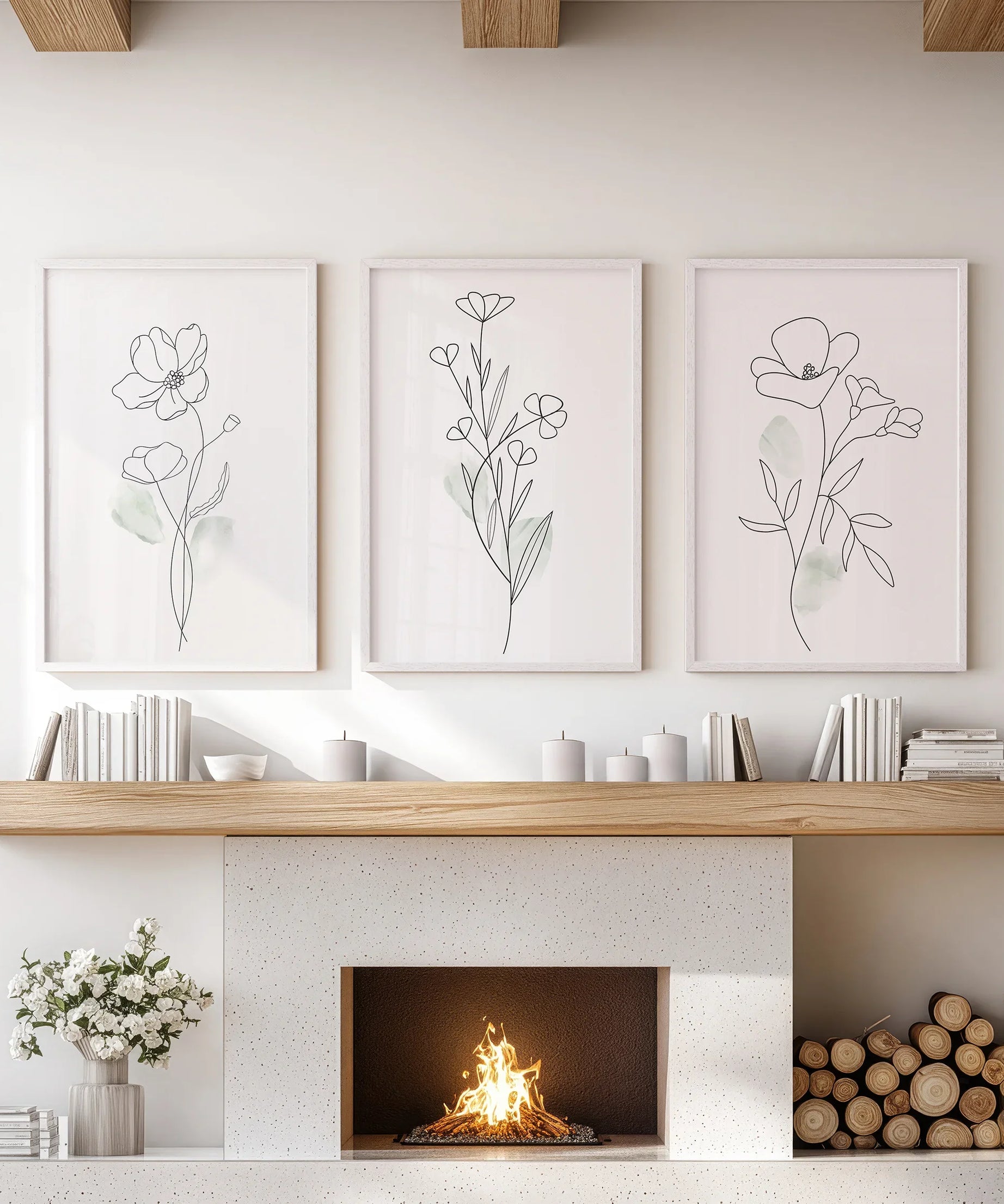 Modern Botanical Line Art Decor. 3 Piece Floral Print Set