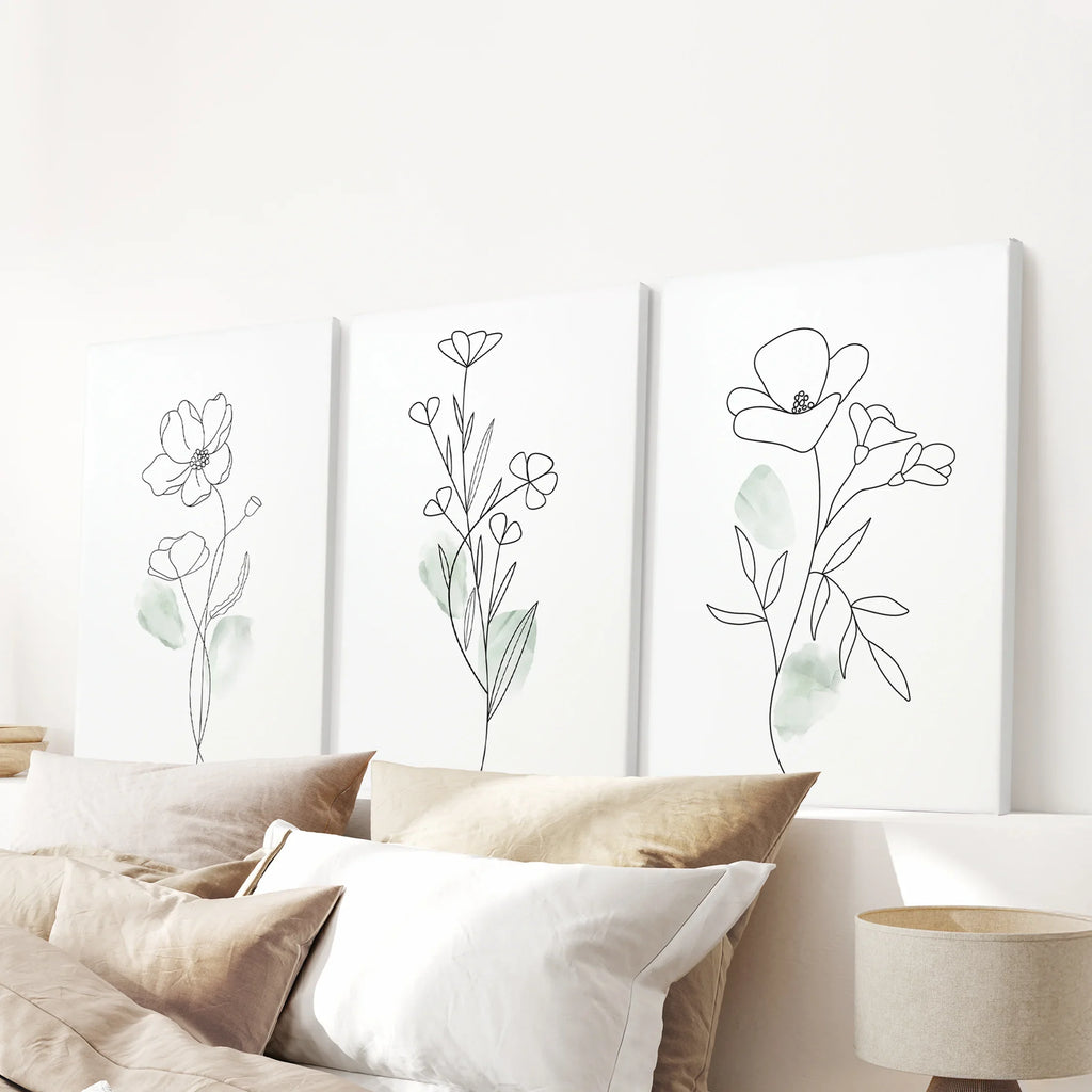 Modern Botanical Line Art Decor. 3 Piece Floral Print Set