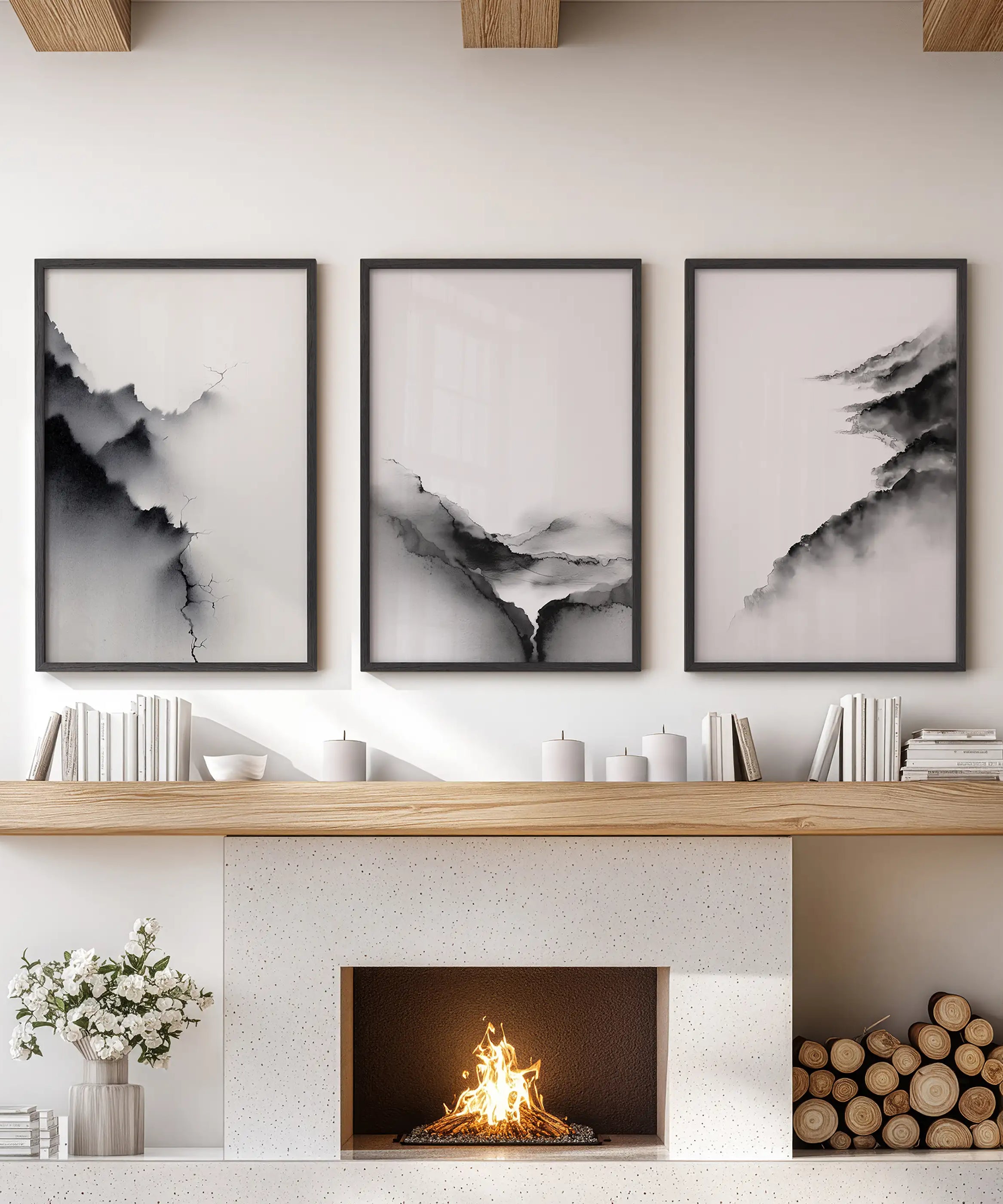 Black White Mountain Landscape Art Set of 3. Calming Nature