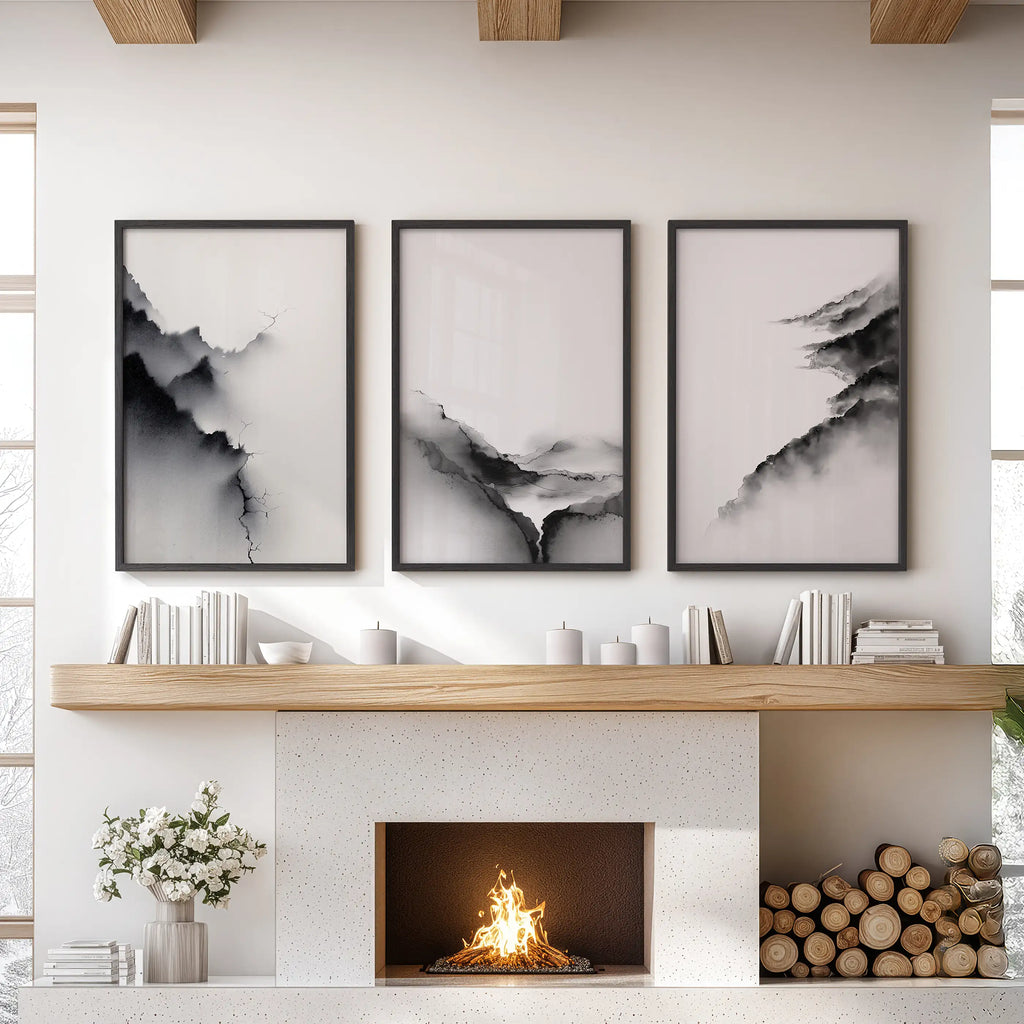 Black White Mountain Landscape Art Set of 3. Calming Nature