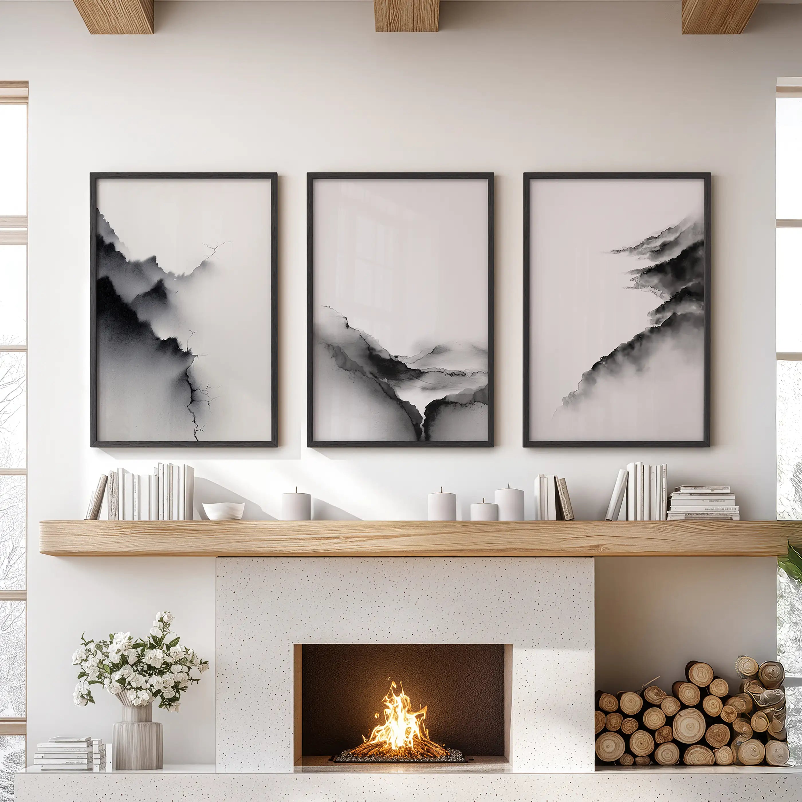 Black White Mountain Landscape Art Set of 3. Calming Nature