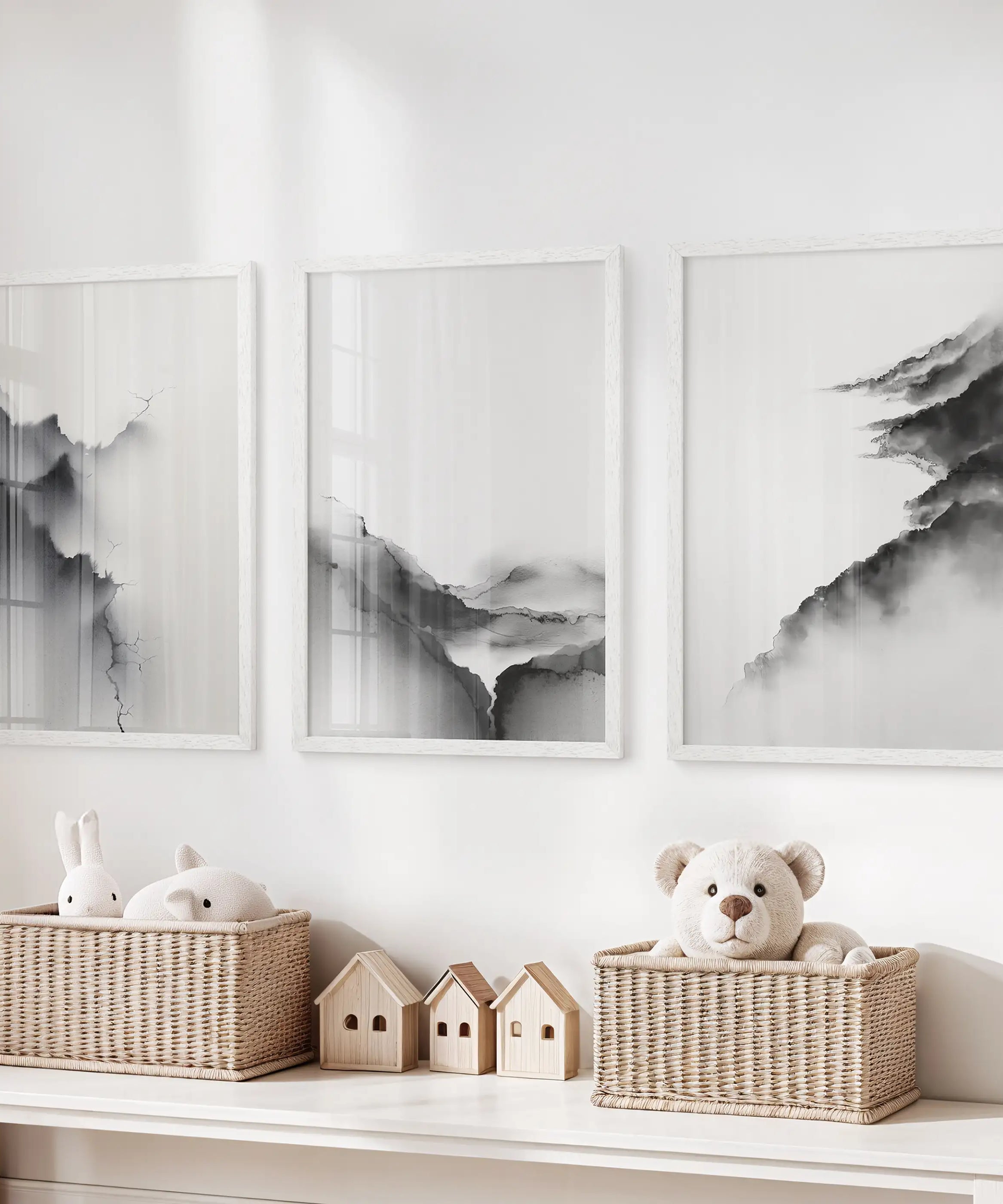 Black White Mountain Landscape Art Set of 3. Calming Nature