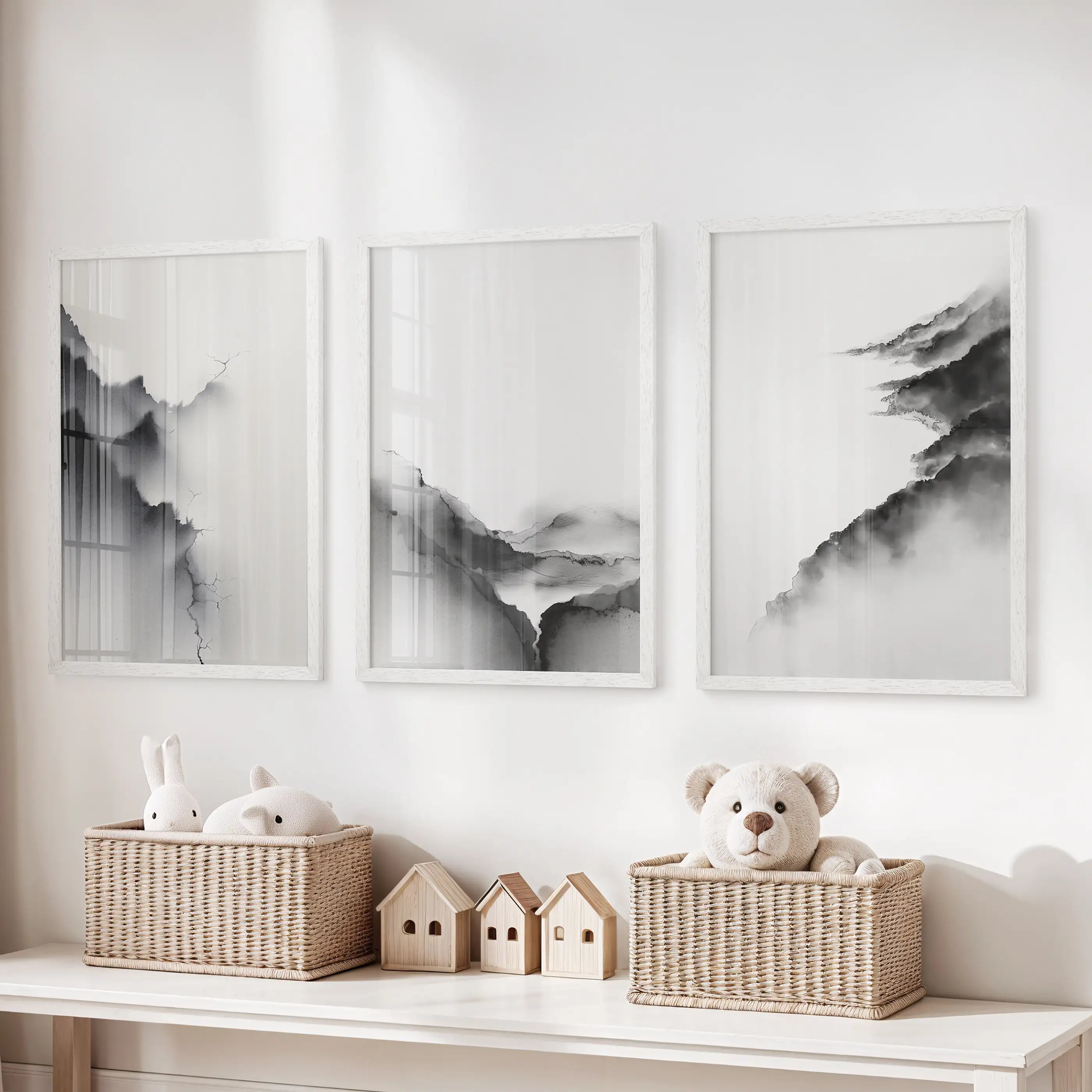 Black White Mountain Landscape Art Set of 3. Calming Nature