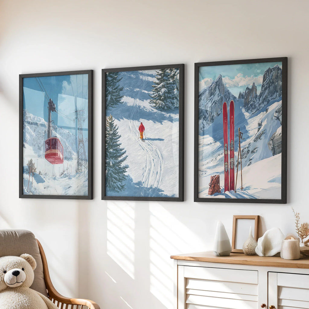 Snowy Mountain Wall Art Set: Skier, Red Skis, Snowy Trees