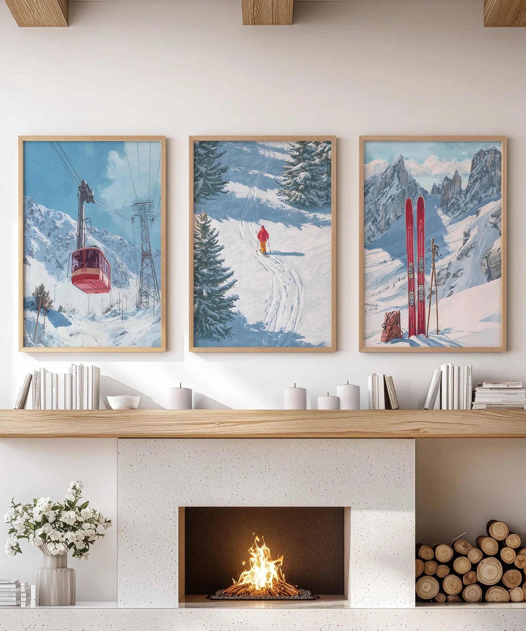 Snowy Mountain Wall Art Set: Skier, Red Skis, Snowy Trees