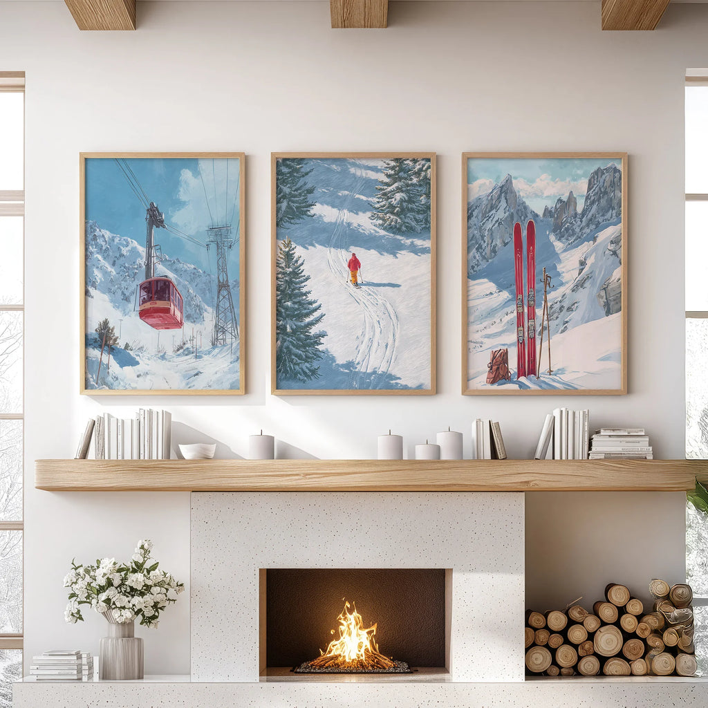 Snowy Mountain Wall Art Set: Skier, Red Skis, Snowy Trees